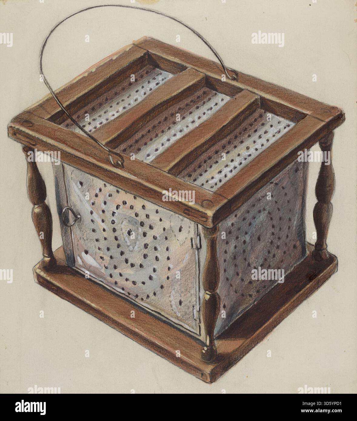 Un chauffe-pieds d'environ 1936 de Richard Taylor, construit à partir de métal et conçu pour un usage domestique, avec un compartiment pour les charbons chauds, une housse de protection et une poignée pour la portabilité, illustrant les appareils de confort domestique du début du XXe siècle. Banque D'Images