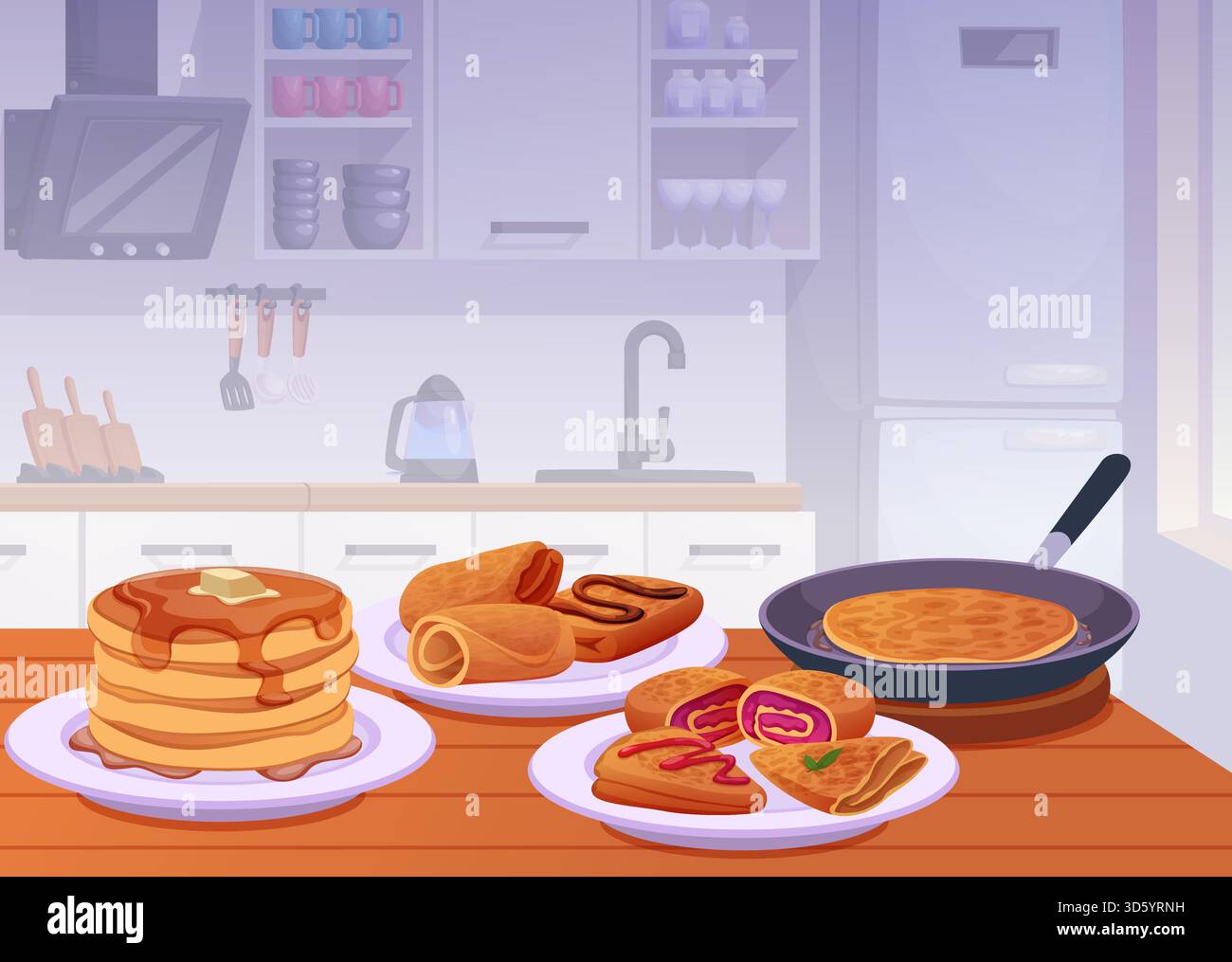 Crêpes. Savoureux dessert sur la table de cuisine des crêpes vectorielles exactes avec des œuvres d'art originales de sirop Illustration de Vecteur