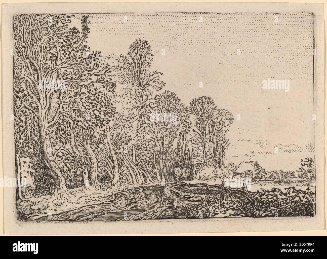 Représentation d'une route à la lisière d'une forêt, avec des personnages voyageant, des arbres et le paysage environnant, mettant l'accent sur la perspective et les détails naturalistes typiques de la peinture hollandaise du début du XVIIe siècle. Banque D'Images