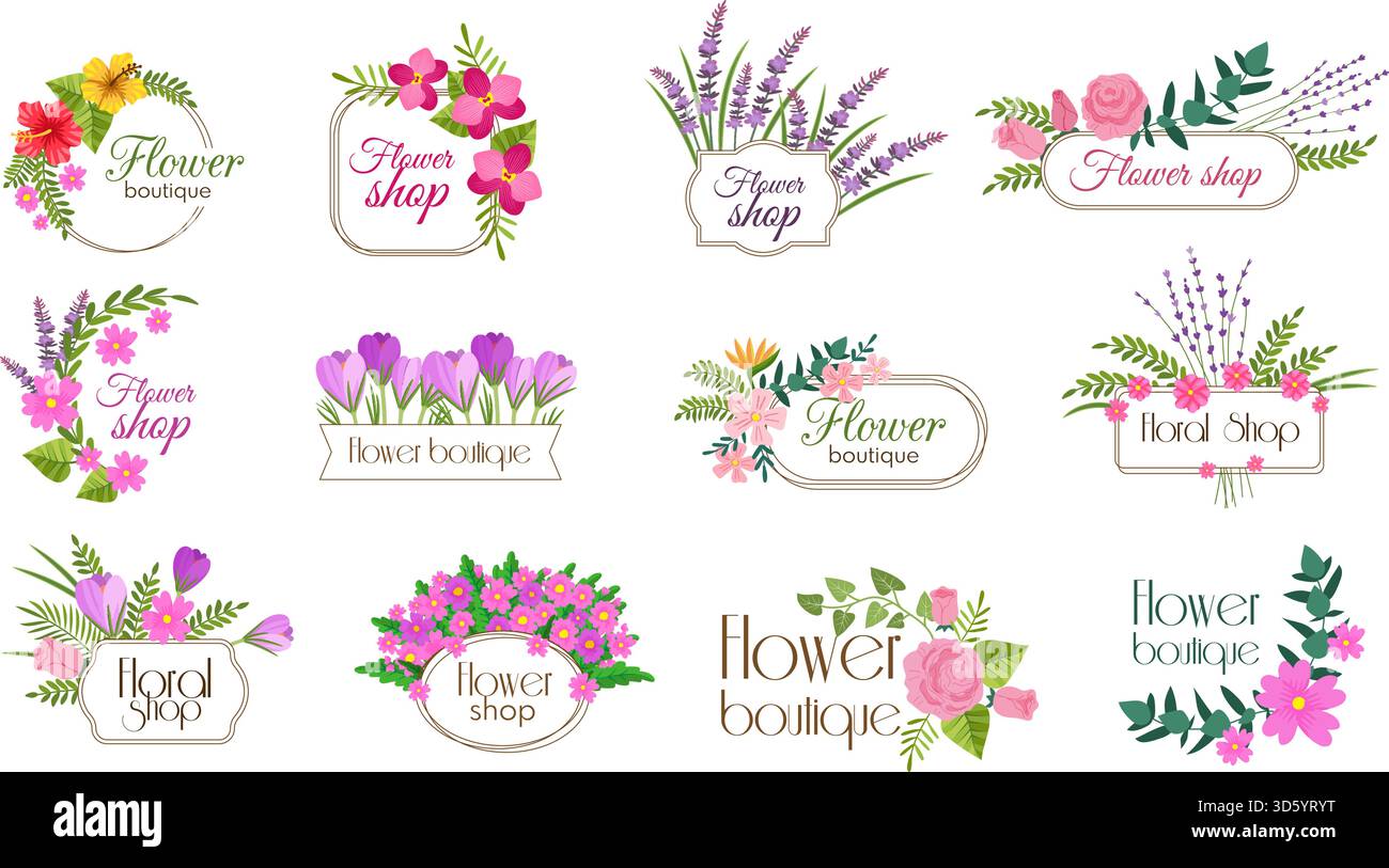 Badges floraux. Modèles de conception avec des fleurs décoratives et des éléments floraux illustration vectorielle récente avec place pour l'illustration originale de texte Illustration de Vecteur