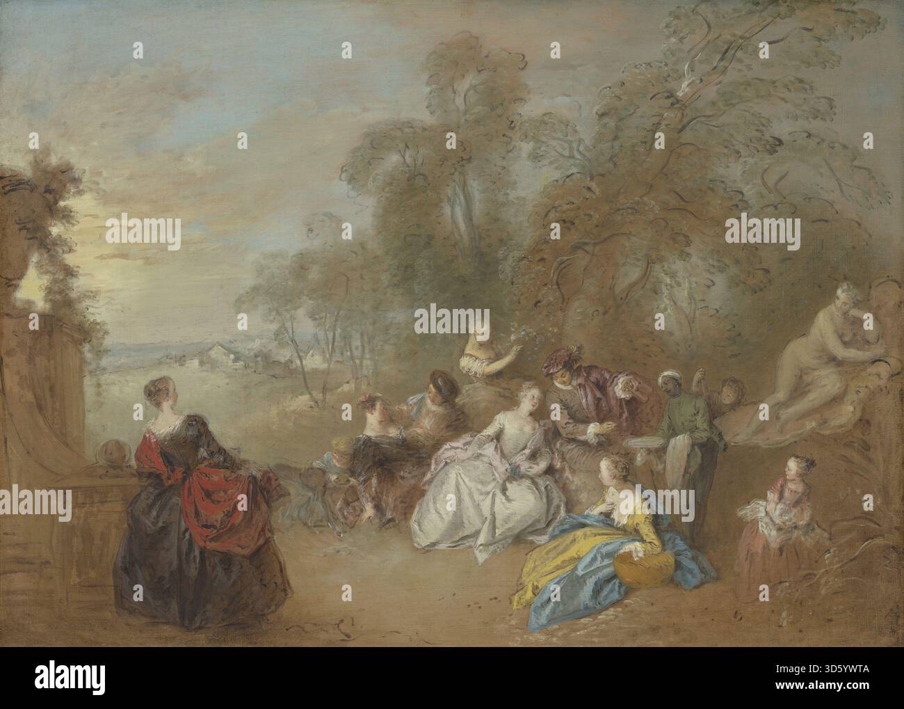 Tableau de 1730–1735 de Jean Baptiste Joseph Pater montrant des figures sur une terrasse. L’œuvre représente l’architecture, le jardin, les vêtements, les gestes, l’interaction, paysage, ciel et composition typiques de la peinture française du début du XVIIIe siècle. Banque D'Images