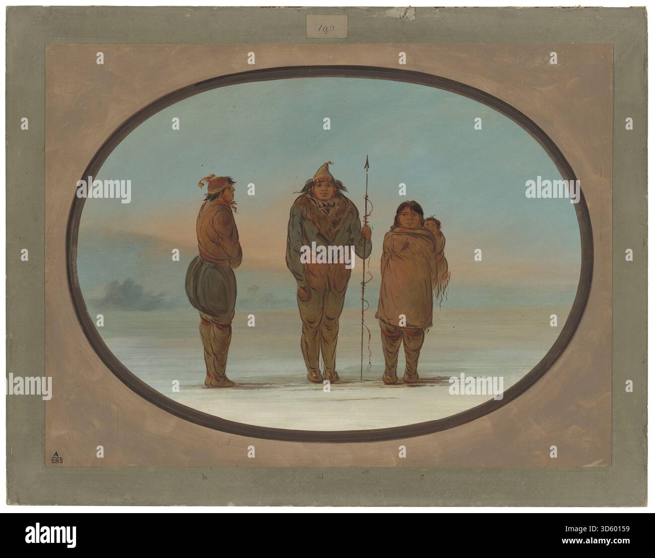 Peinture de George Catlin entre 1855 et 1869 représentant trois Esquimaux (Inuits), montrant des vêtements traditionnels, des vêtements de fourrure, des outils et des attributs culturels caractéristiques des peuples autochtones de l'Arctique. Banque D'Images