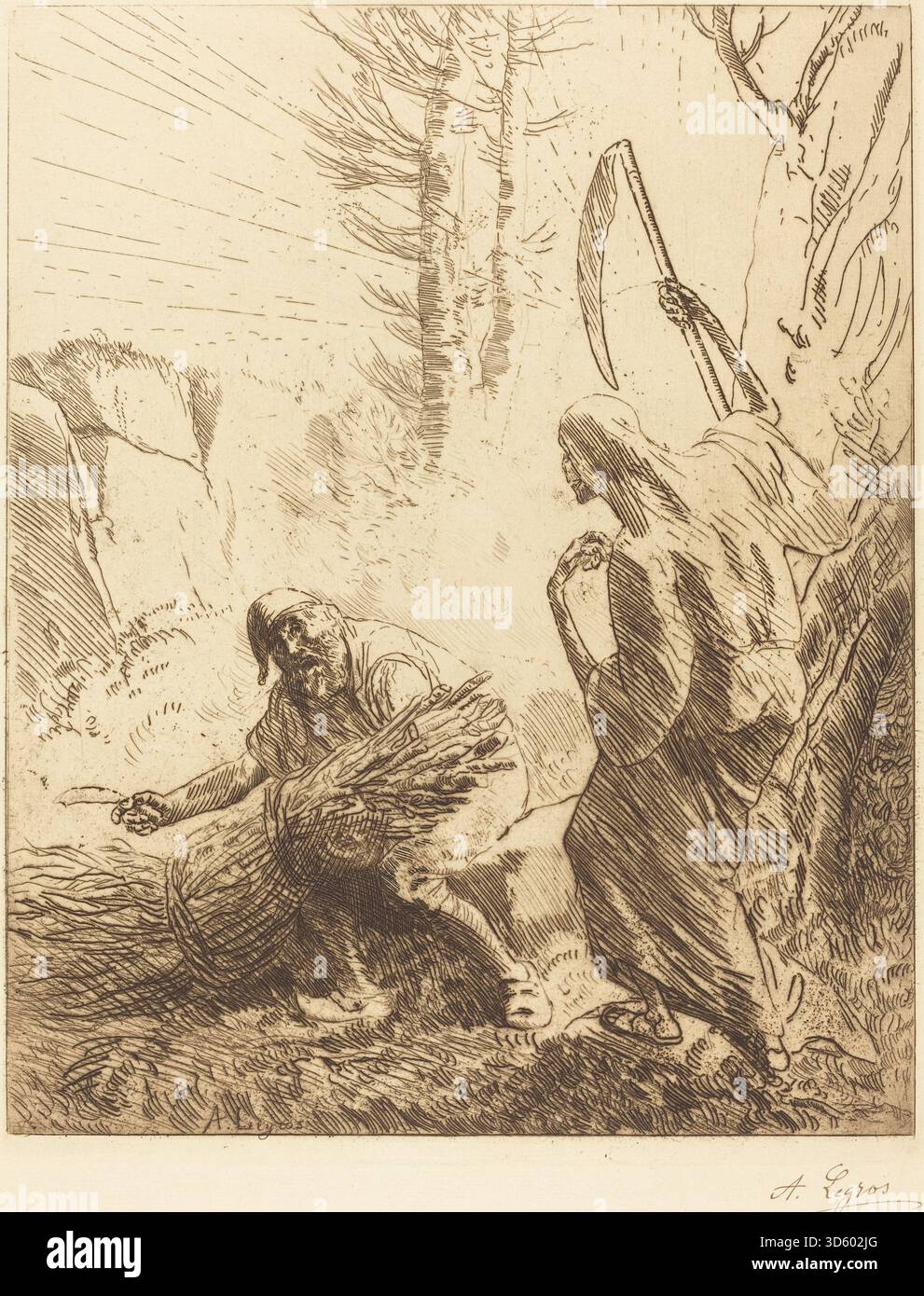 La 3e gravure sur plaque d'Alphonse Legros représente un bûcheron face à la mort, mettant l'accent sur la figure, les outils de coupe et la représentation symbolique de la mortalité. La gravure utilise des lignes et des contrastes précis pour transmettre le drame et la vulnérabilité humaine dans un environnement rural. Banque D'Images