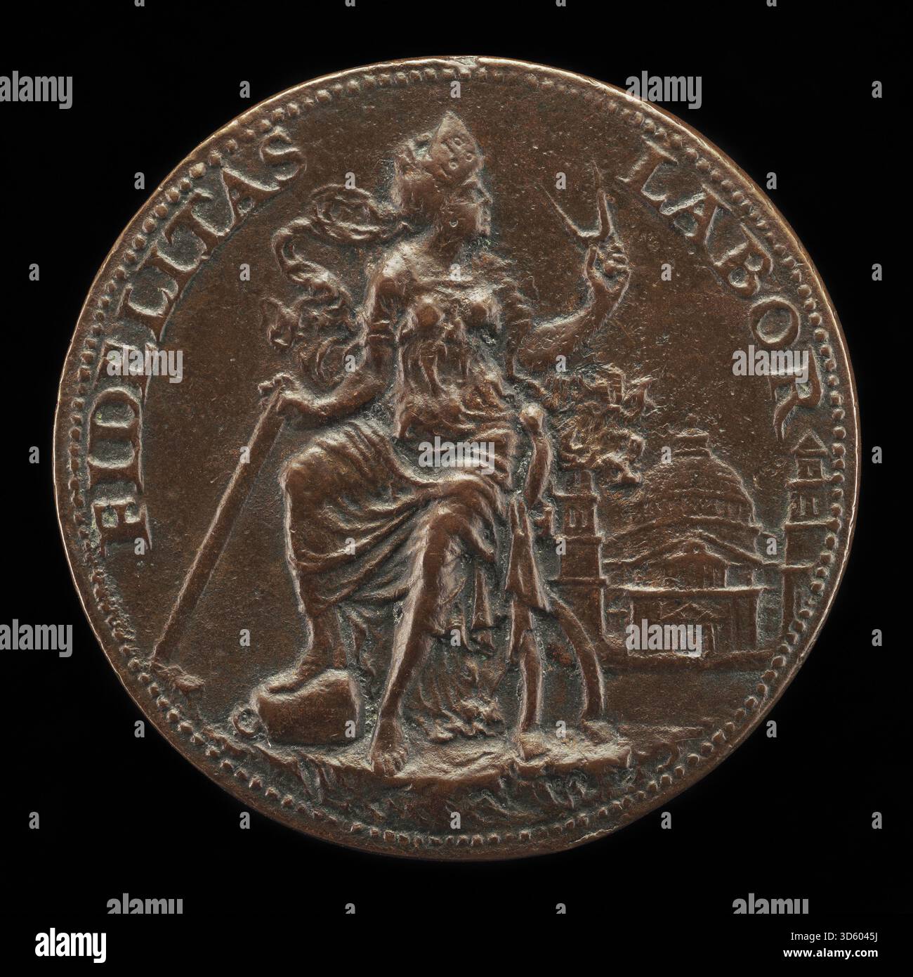 La conception inversée de Caradosso Foppa montre une figure représentant l'architecture tenant une boussole et un carré, mettant en évidence les outils symboliques de conception, de mesure et de construction, avec des détails Renaissance. Banque D'Images