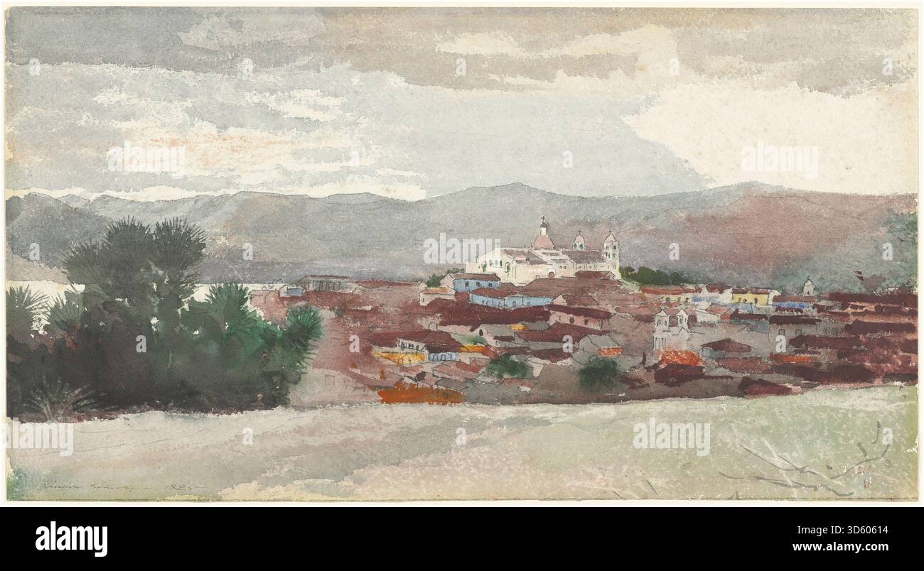 Cette peinture de 1885 de Winslow Homer représente une vue panoramique de Santiago de Cuba. L'œuvre met l'accent sur le paysage urbain, le port, les bâtiments, les collines environnantes et le front de mer, soulignant l’accent mis par Homère sur les paysages urbains et la représentation réaliste des caractéristiques géographiques. Banque D'Images