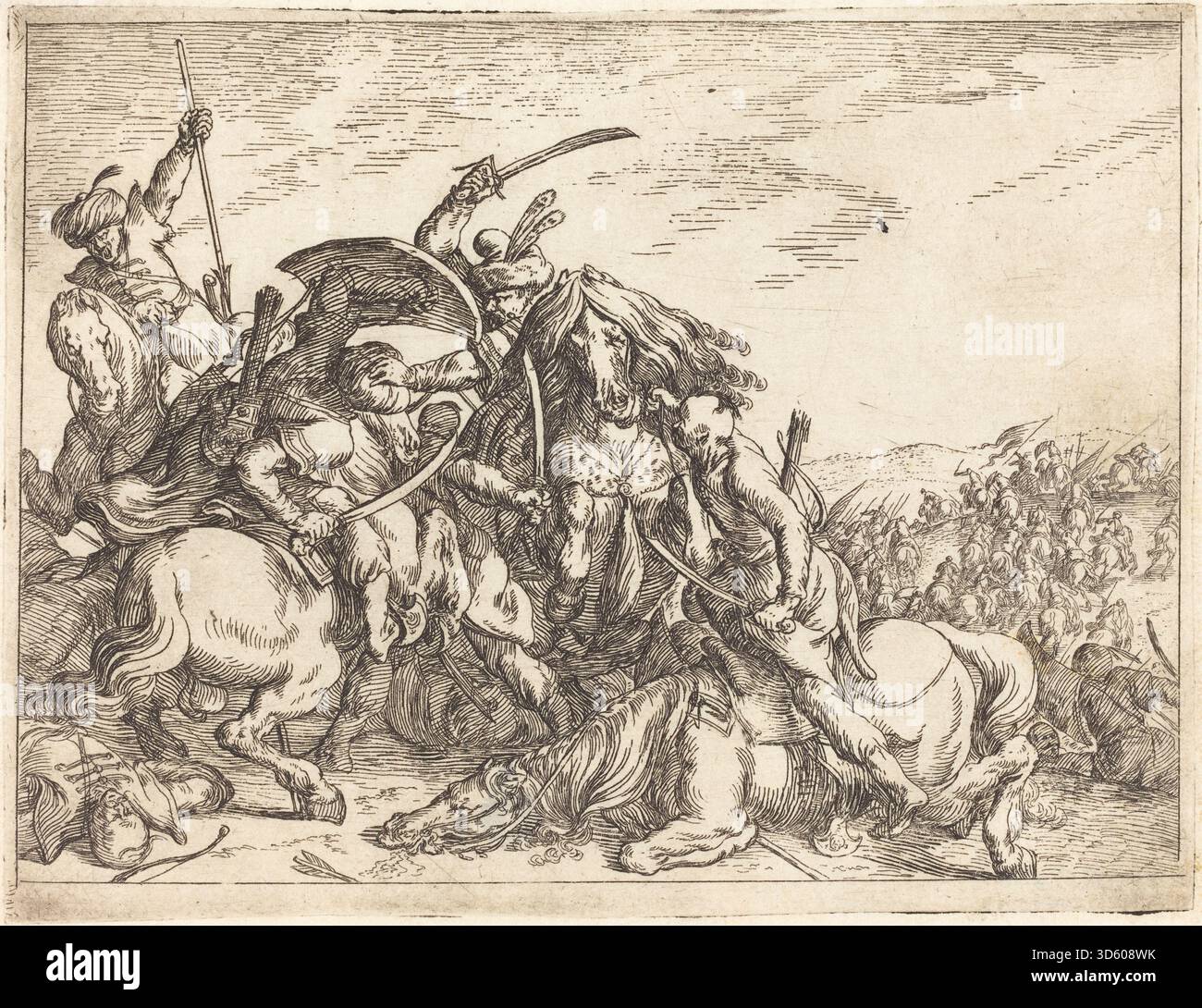 Une gravure de 1635 de Johann Wilhelm Baur mettant en scène des batailles imaginées avec des soldats, de la cavalerie, de l'artillerie, des drapeaux et des paysages complexes, mise en évidence de l'activité humaine et des formations militaires. Banque D'Images