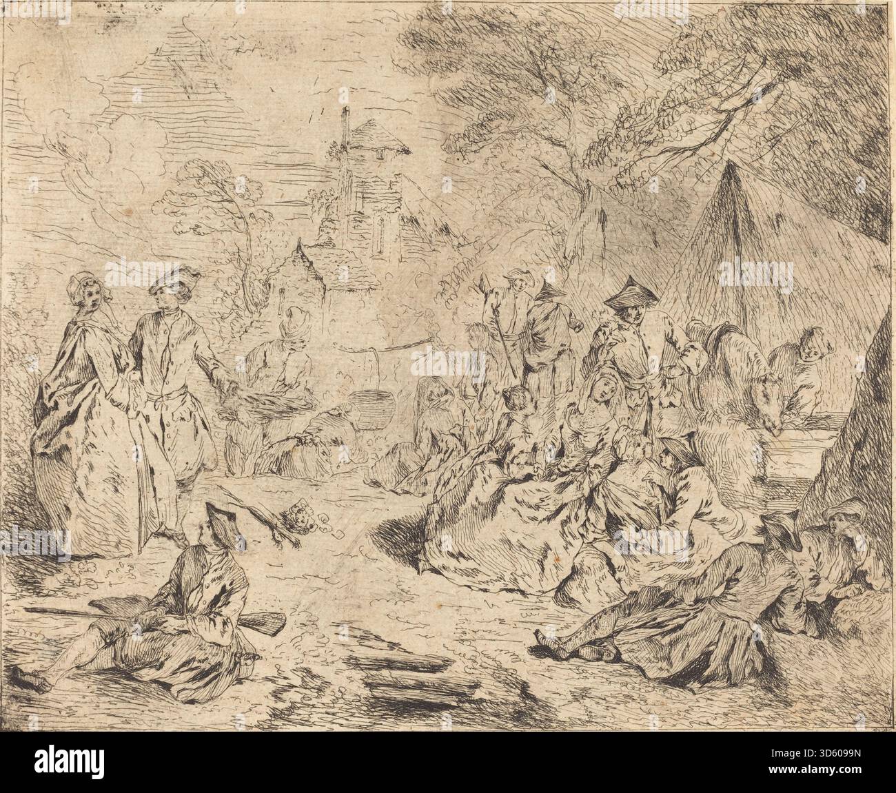 Un tableau de Jean Baptiste Joseph Pater représentant une halte sur la marche. L'œuvre montre des figures, des chevaux, des vêtements militaires, de la formation, des gestes, paysage, ciel, interaction et composition typiques de la peinture française du XVIIIe siècle. Banque D'Images