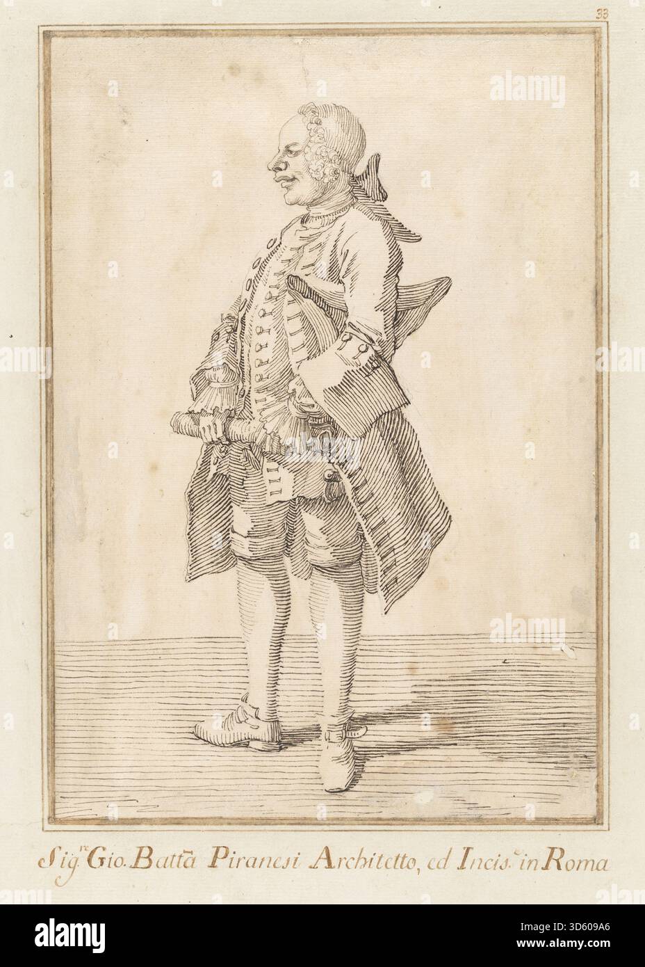 Portrait de Giovanni Battista Piranesi par Pier Leone Ghezzi, réalisé entre 1750 et 1755, représentant l'artiste et graveur italien connu pour ses gravures de Rome et ses fantasmes architecturaux. Banque D'Images