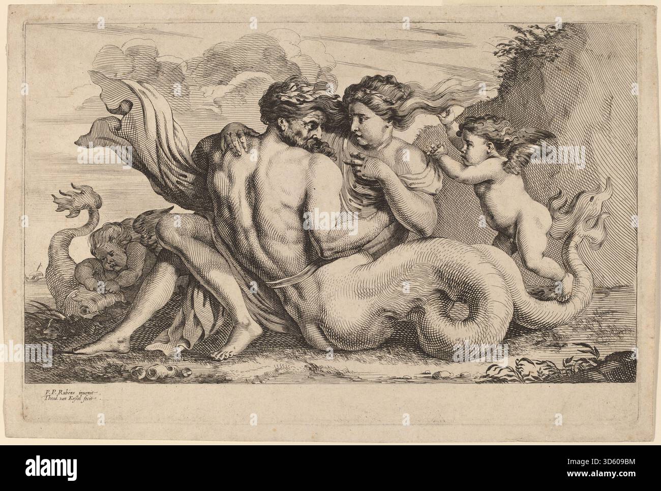 Estampe de Theodor van Kessel d'après Sir Peter Paul Rubens représentant une sirène et un triton. L'œuvre met l'accent sur les figures mythologiques, le symbolisme marin et les techniques de gravure flamandes du XVIIe siècle. Banque D'Images