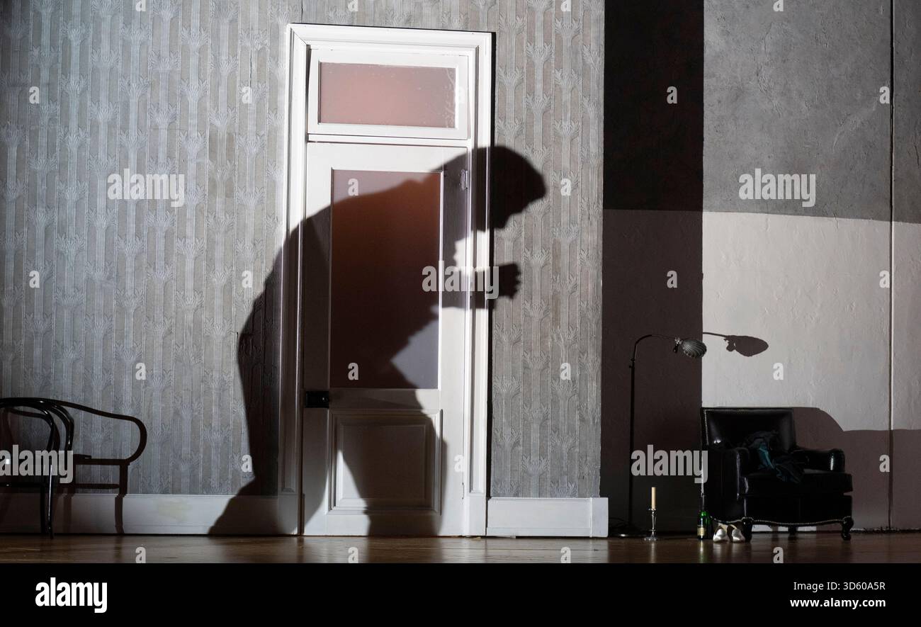 English National Opera, London Coliseum, Royaume-Uni. 17 novembre 2025. Répétition complète de Partenope de Haendel, un opéra en trois actes. Situé dans un salon parisien des années 1920, Christopher Alden produit des soirées et des cocktails non-stop s'inspire des artistes surréalistes de l'époque, dont Salvador Dali et Man Ray, le personnage d'Emilio étant basé sur Man Ray lui-même. Partenope est joué par Nardus Williams, les prétendants Arsace, Emilio et Armindo joués par Hugh Cutting, Ru Charlesworth et Jake Ingbar. Photographe Ormonte joué par William Thomas. Crédit : Malcolm Park/Alamy Live News Banque D'Images