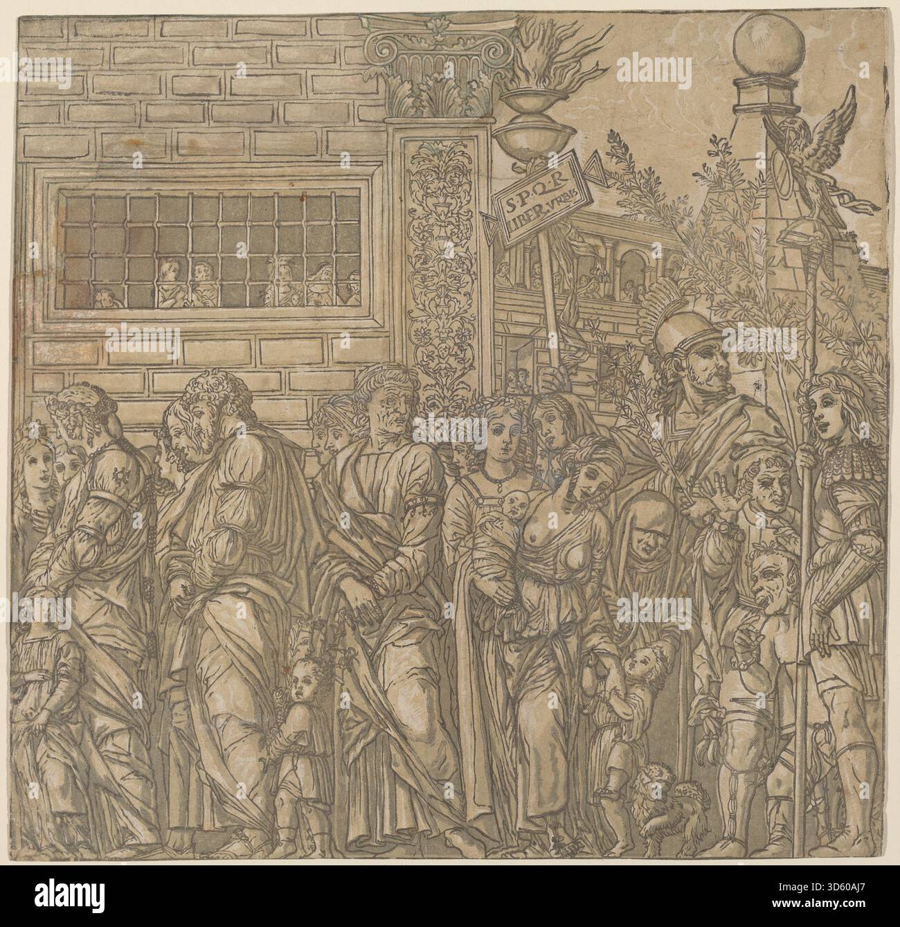 Une estampe de 1599 d'Andrea Andreani d'après Andrea Mantegna représentant « le Triomphe de Jules César ». L'œuvre illustre la procession triomphale romaine, soldats, captifs, chars, trophées, et l'architecture classique. Banque D'Images