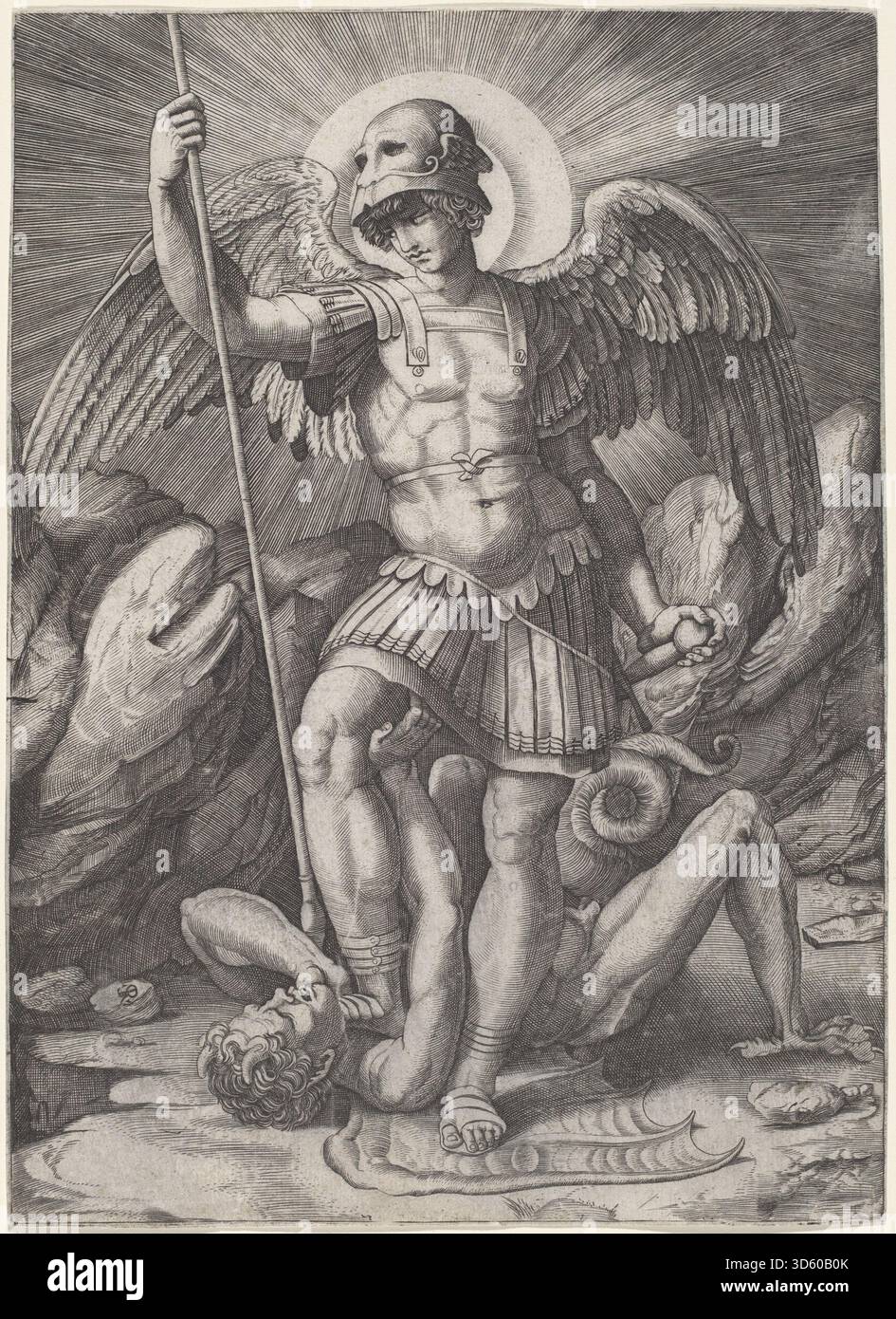 Cette gravure de Marco Dente d'après Raphaël, vers 1520, représente Saint Michel, soulignant les traits angéliques, armures, épée, ailes, posture, geste et récit religieux. Banque D'Images