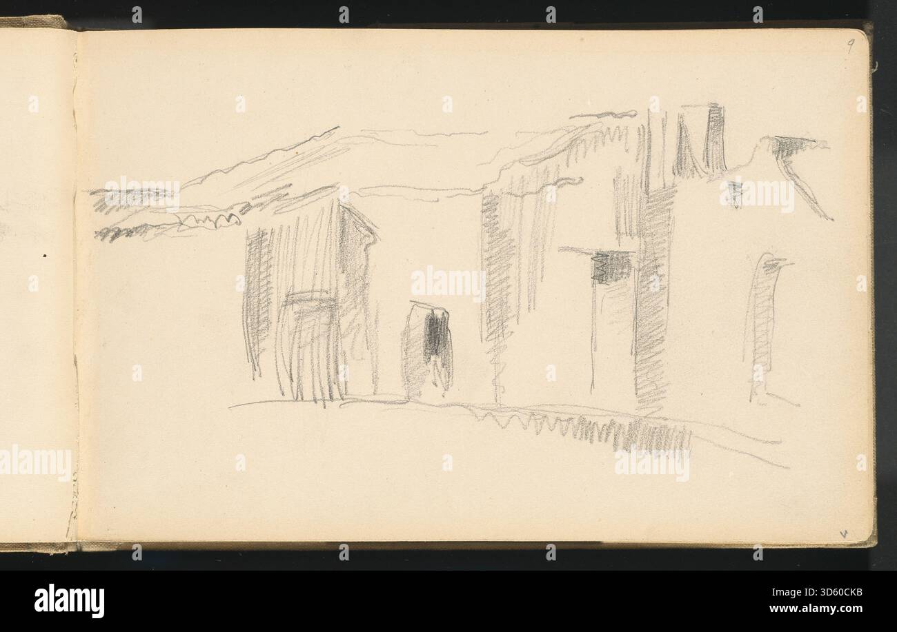 Cette étude de Paul Cézanne, datée de 1879–1882, représente des maisons en mettant l'accent sur la structure, la perspective, les toits et l'agencement spatial. L'œuvre illustre l'approche de Cézanne à la forme architecturale et à la composition paysagère. Banque D'Images