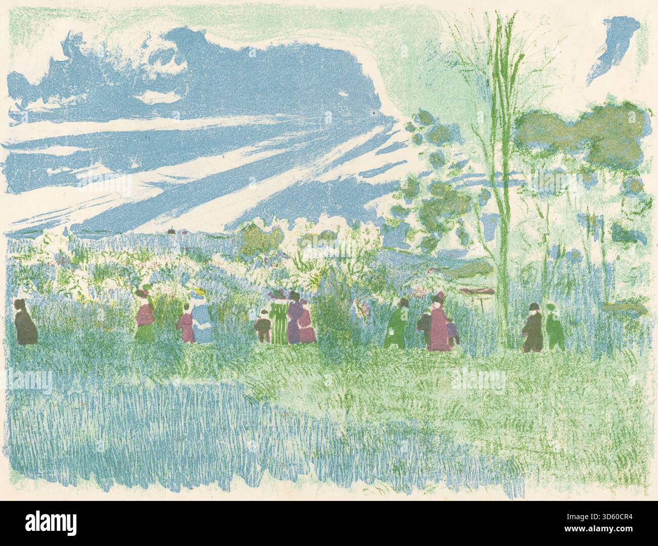 Cette lithographie couleur de 1897‑1898 d’Edouard Vuillard représente une scène de campagne avec des champs, des arbres et un horizon lointain. Réalisée en lithographie sur papier, l'œuvre illustre l'estampe française de la fin du XIXe siècle et la représentation du paysage rural. Banque D'Images
