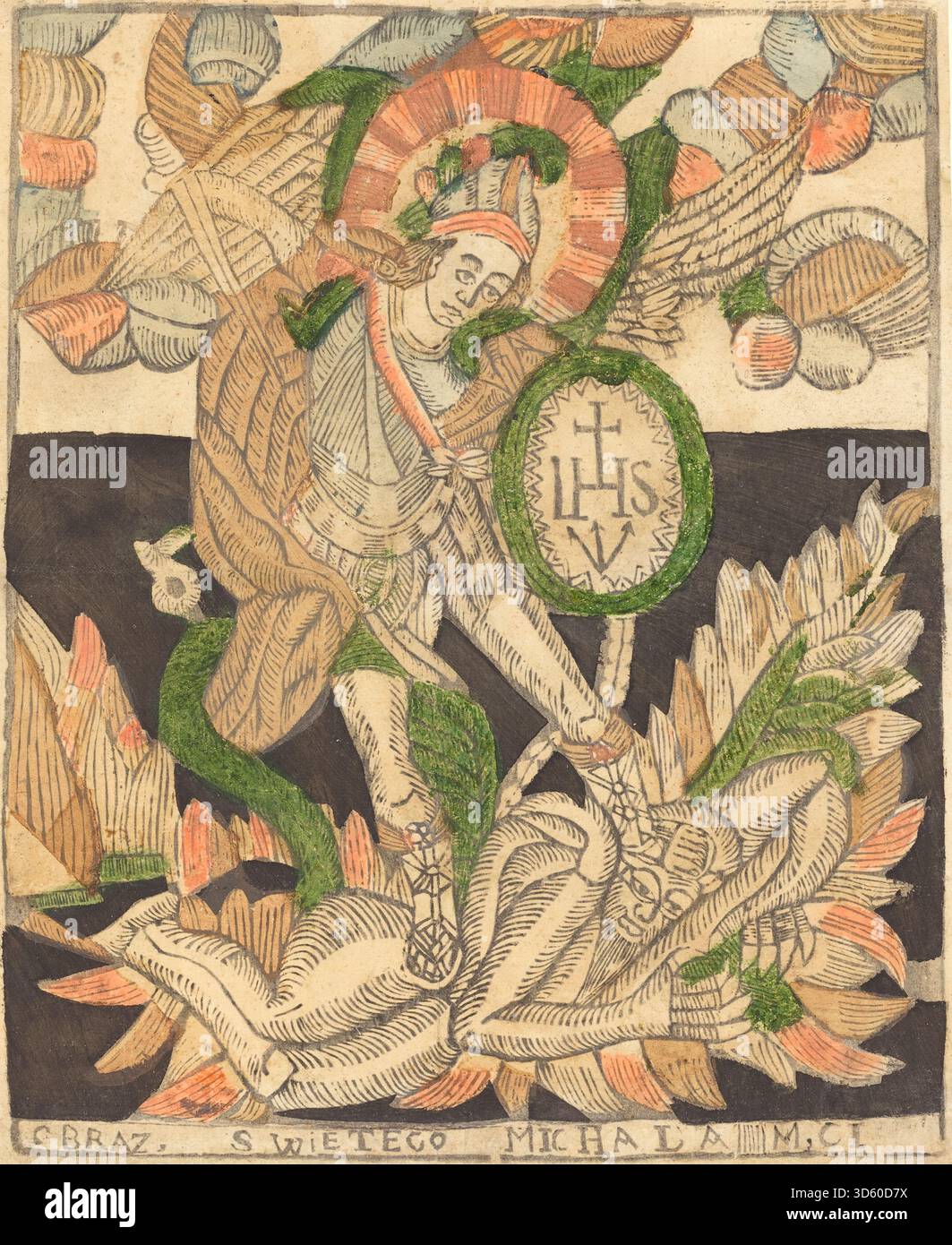L'œuvre représente Saint Michel, montrant l'archange avec des ailes, armure, épée, bouclier, gestes, expression faciale, debout sur une figure ou un démon vaincu, et vêtements détaillés, probablement créés en Allemagne au XVe siècle. Banque D'Images