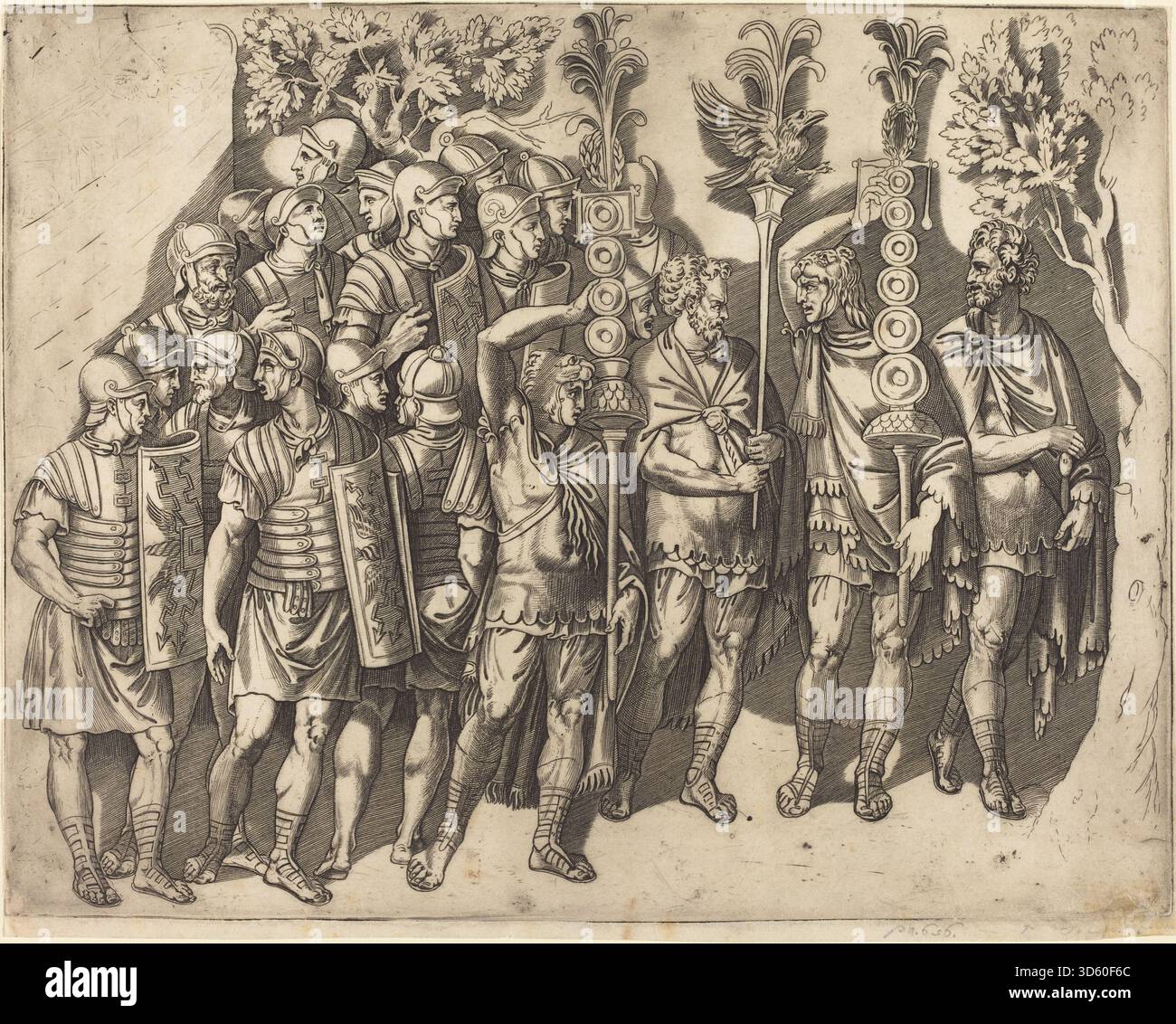 Cette gravure de Marco Dente, datée de 1515–1527, représente une légion romaine, montrant des soldats, des armures, des armes, une formation, bannières, et discipline militaire dans une composition historique. Banque D'Images