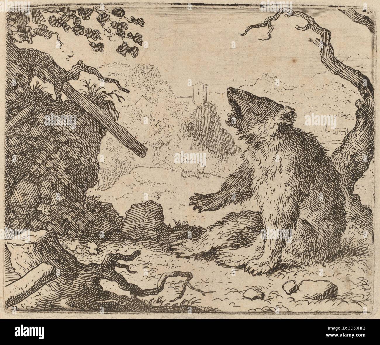 Cette peinture d'Allart van Everdingen datant de 1645 à 1656 représente un ours envoyé comme messager, montrant des animaux, des paysages forestiers, des gestes et une composition artistique hollandaise du XVIIe siècle. Banque D'Images