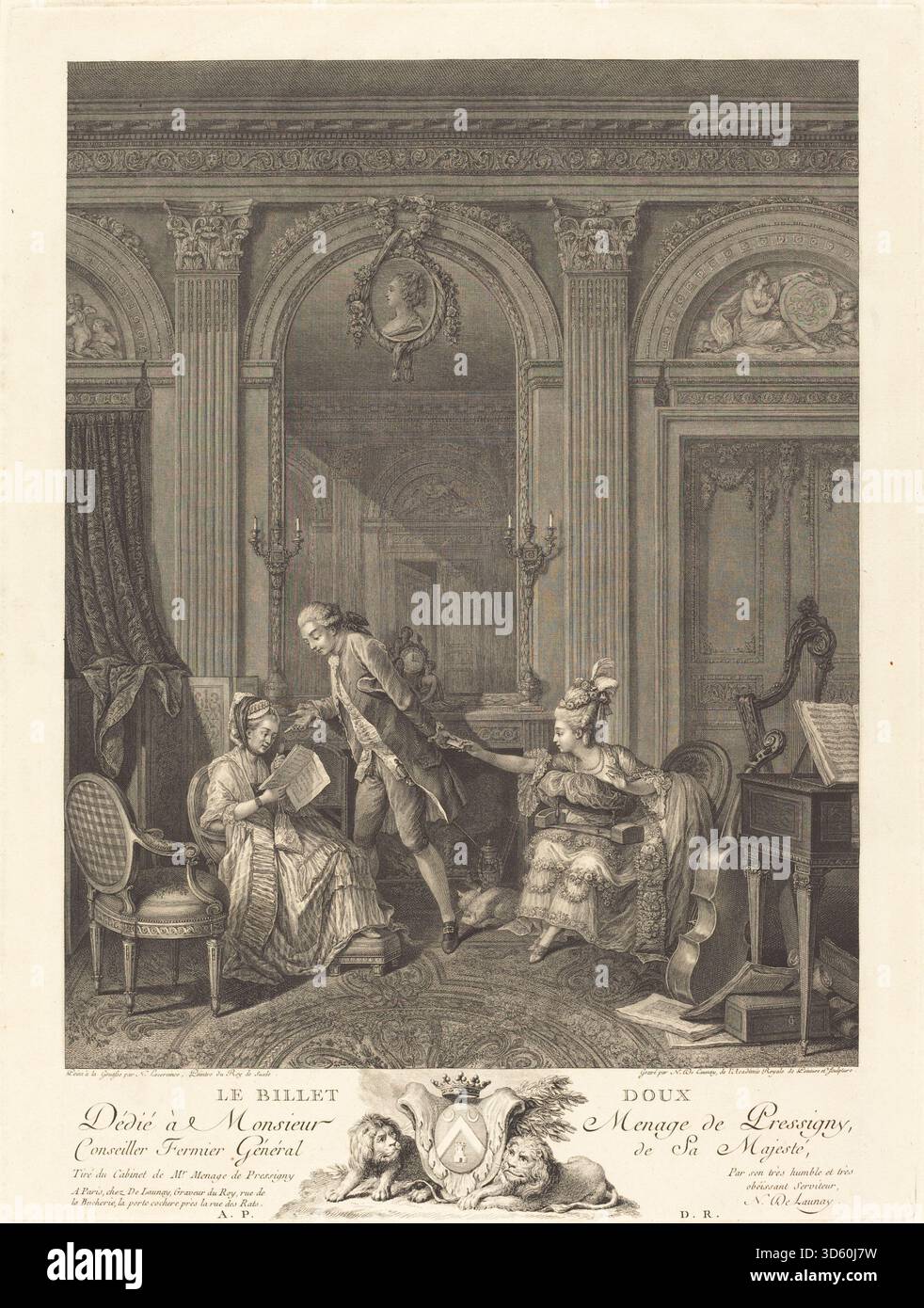 Imprimé par Nicolas Delaunay d'après Nicolas Lavreince, 'le billet doux', 1778. Représente des figures échangeant de la correspondance, des gestes, des expressions faciales, des draperies, des meubles, et des motifs décoratifs illustrant le genre romantique français du XVIIIe siècle et les conventions de gravure. Banque D'Images