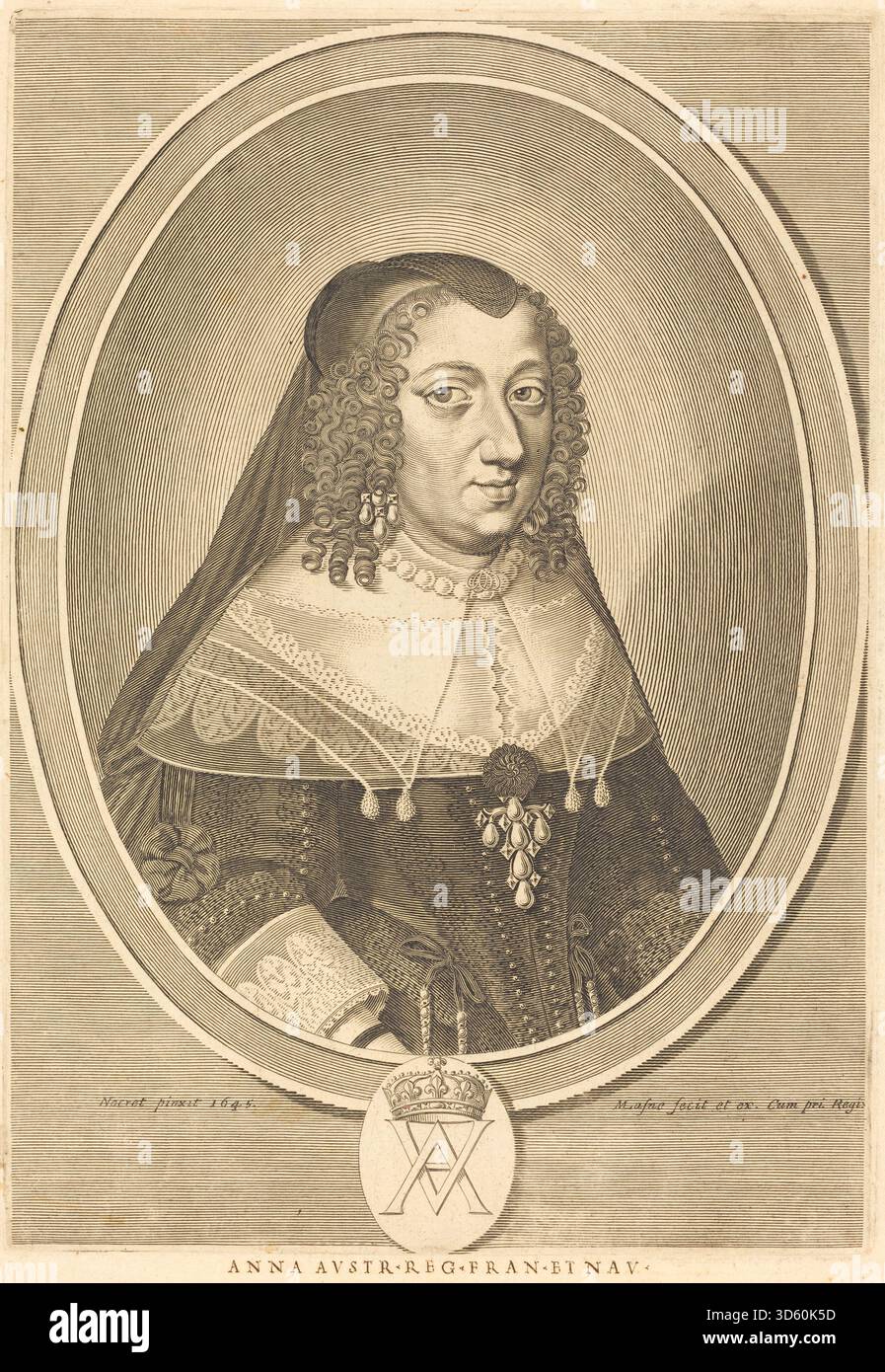 Gravure de Michel Lasne d'après Jean Nocret, en 1645 ou après, montrant Anne d'Autriche, avec des traits détaillés du visage, des vêtements et une composition de portrait typique de la gravure européenne du XVIIe siècle. Banque D'Images