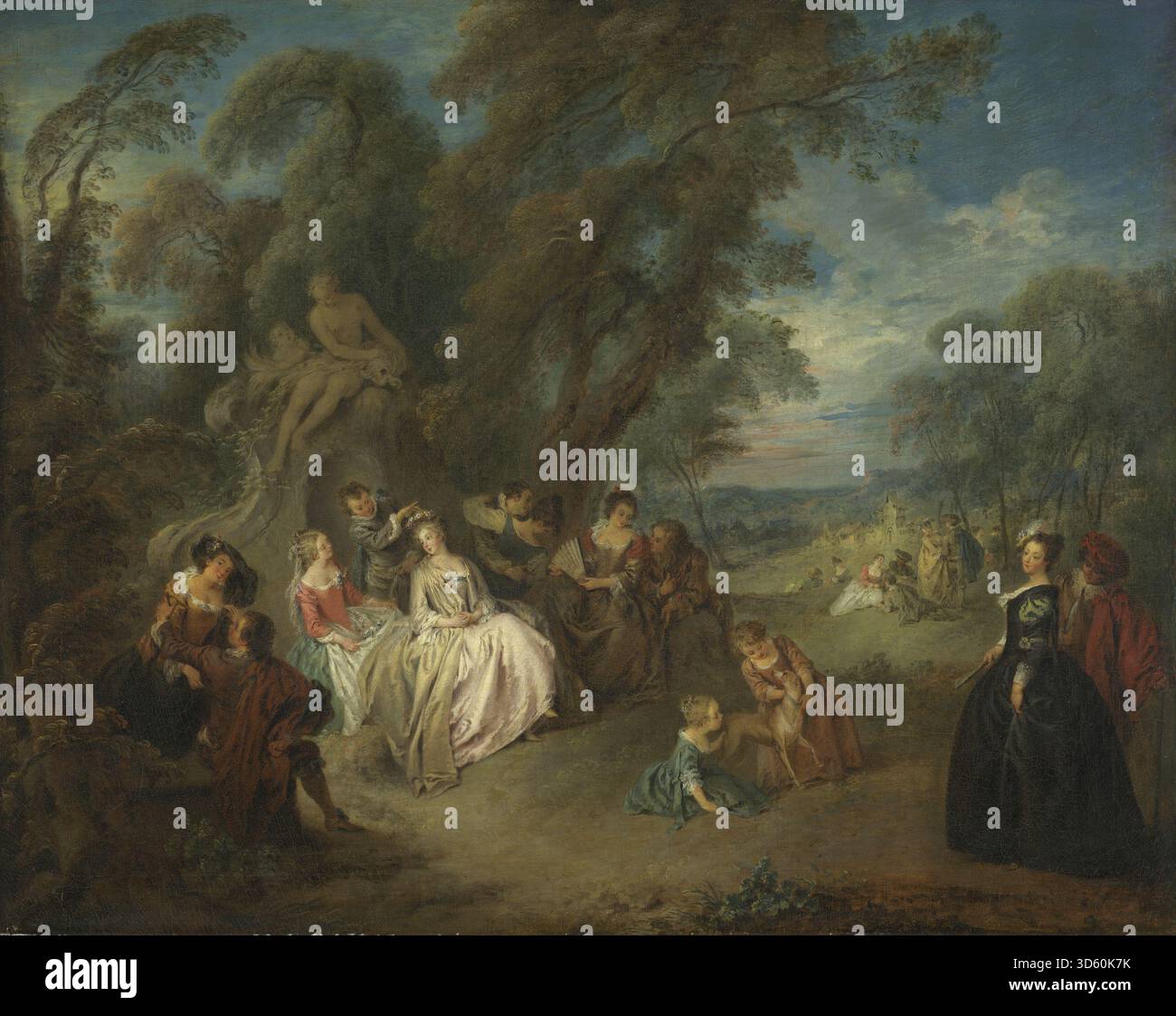 Une peinture de 1730 de Jean Baptiste Joseph Pater représentant un fête champêtre. L’œuvre montre des figures, du paysage, de l’architecture, des vêtements, de l’activité, interaction, gestes, arbres, ciel et composition typiques de la peinture de genre française du début du XVIIIe siècle. Banque D'Images