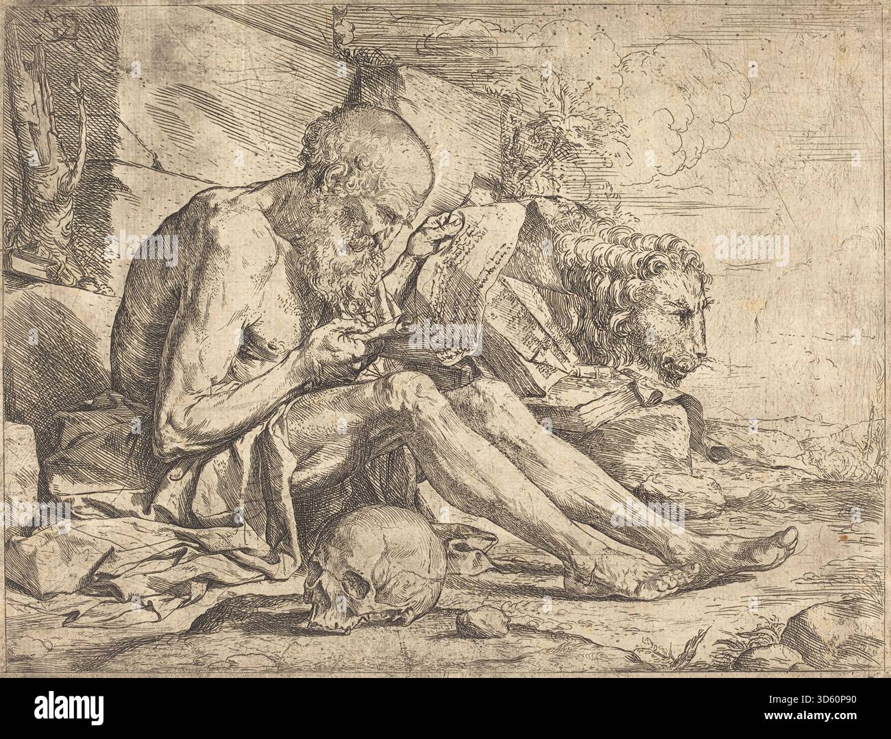 Peinture à l'huile par Jusepe de Ribera vers 1624 représentant Saint Jérôme lisant, montrant un saint assis, un livre, une expression faciale réaliste, un style baroque, et un éclairage et une texture détaillés. Banque D'Images