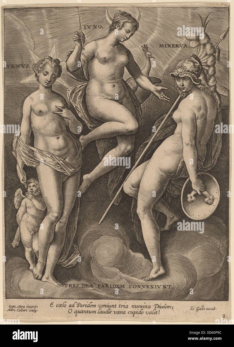 Gravure de 1587 d'Adriaen Collaert d'après Jan van der Straet représentant les déesses romaines Vénus, Junon et Minerve. La composition présente des figures mythologiques, des attributs symboliques et des références classiques. Banque D'Images