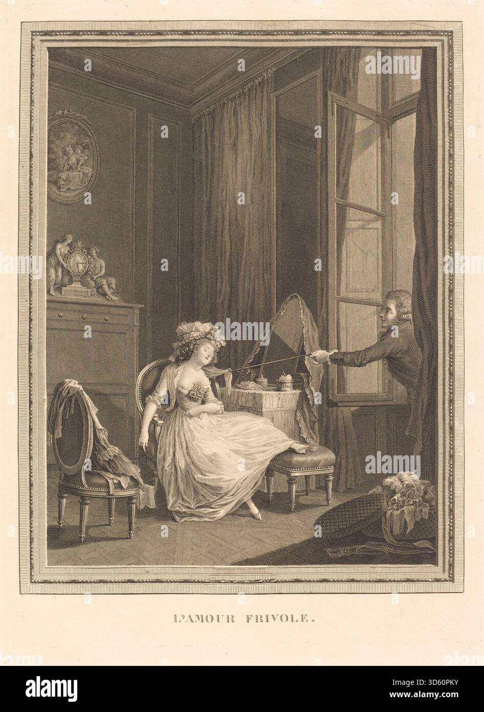 Cette gravure de Jacques Firmin Beauvarlet d'après Pierre Antoine Baudouin représente une scène romantique légère, montrant des figures, des gestes et des meubles intérieurs caractéristiques du genre français du XVIIIe siècle Banque D'Images