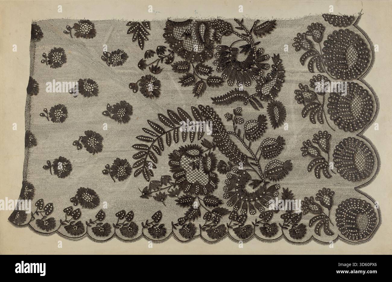 Ce châle en dentelle noire circa 1939 de Raymond Manupelli est un accessoire textile avec dentelle complexe, tissu léger et motifs décoratifs. La pièce met l'accent sur l'artisanat, la texture et le design textile américain du début du XXe siècle. Banque D'Images