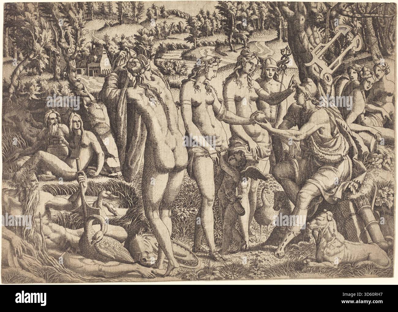 Une estampe de Jean Mignon d'après Luca Penni représentant le jugement de Paris, montrant trois déesses, Paris, une échelle et des objets symboliques disposés en composition classique. Banque D'Images
