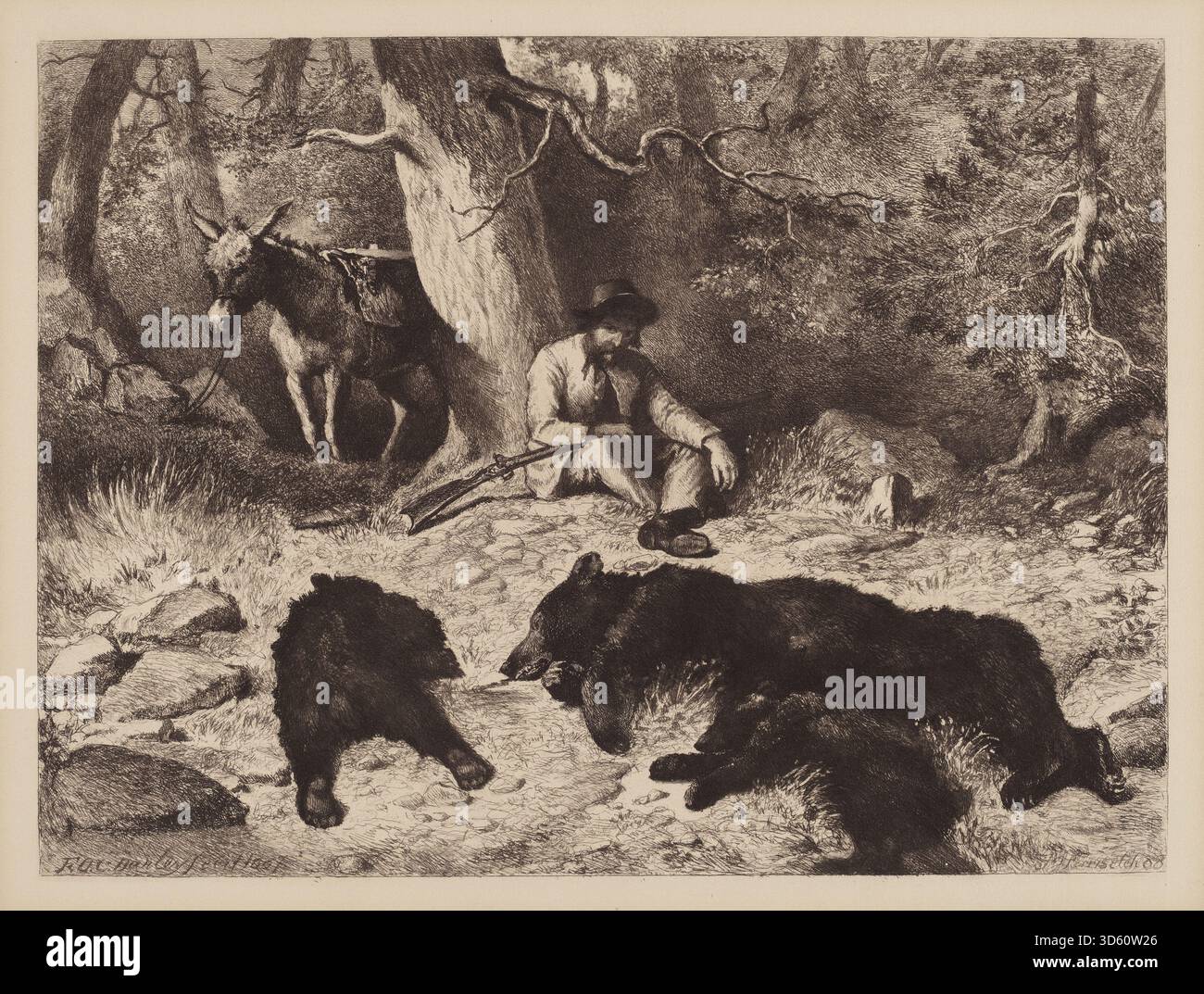 Cette impression de 1888 de Stephen James Ferris, d'après Felix Octavius Carr Darley, représente une scène post-chasse intitulée « After a Good Day's Sport », montrant des chasseurs, des chiens, du paysage, des prises, des vêtements, et les techniques d'illustration américaines de la fin du XIXe siècle. Banque D'Images