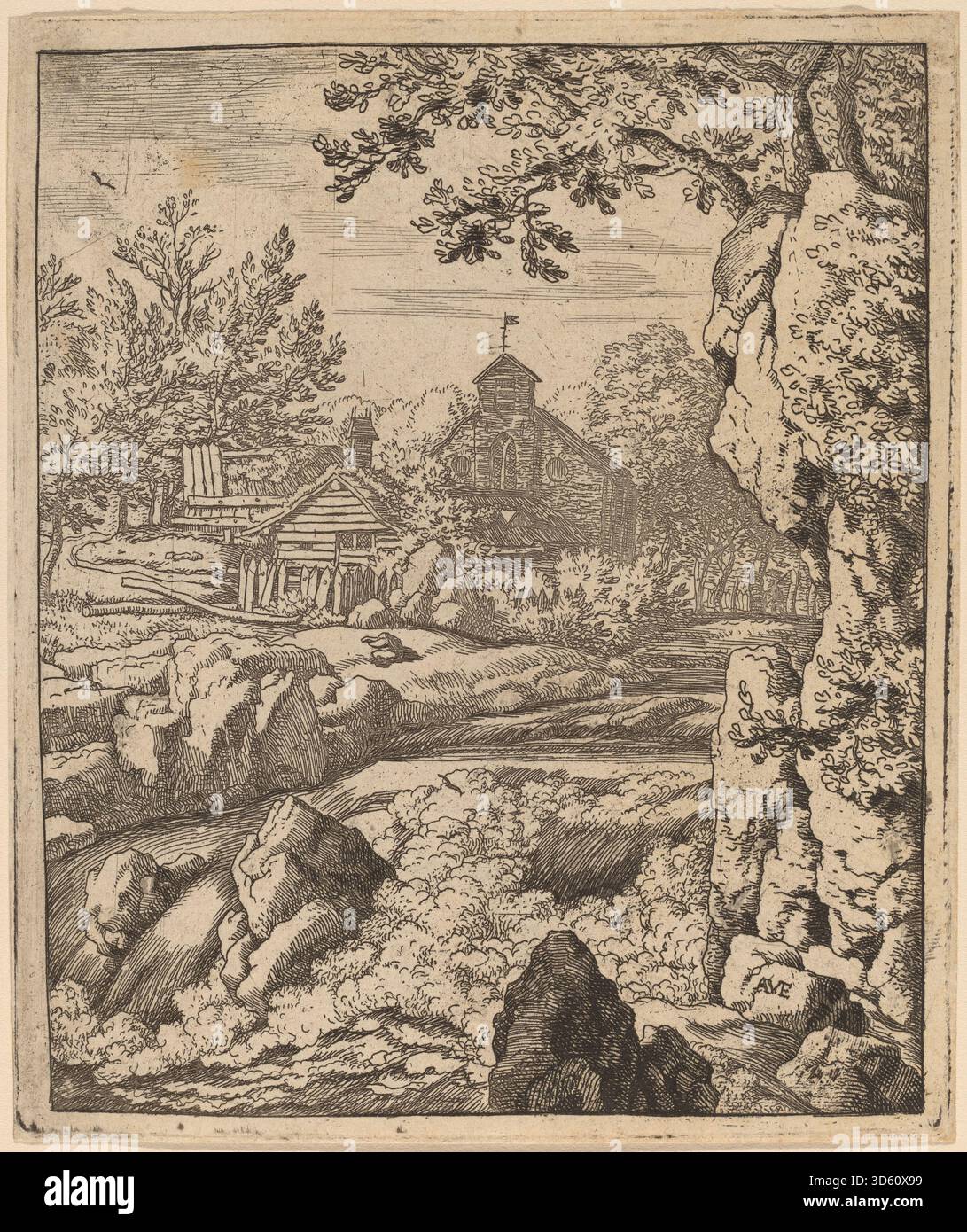 Cette peinture illustre une cascade tombant d'une hauteur dans une rivière, entourée de rochers et de forêts denses, mettant en valeur des paysages naturels et des techniques de peinture néerlandaises du XVIIe siècle. Banque D'Images