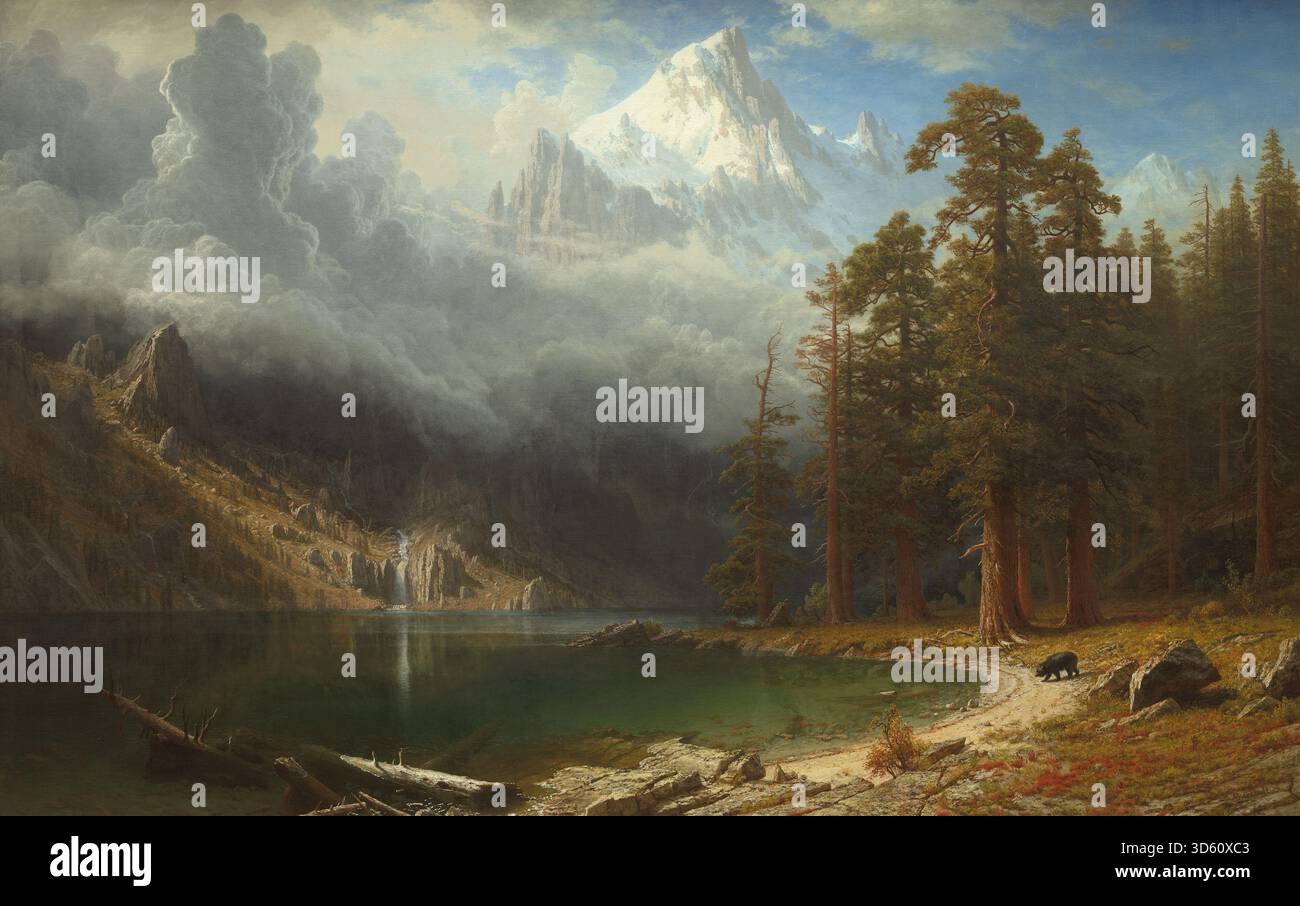 Une peinture de paysage réalisée vers 1876–1877 par Albert Bierstadt représentant le mont Corcoran dans la Sierra Nevada, montrant des pics rocheux, des arbres, le ciel et l'éclairage atmosphérique. Banque D'Images