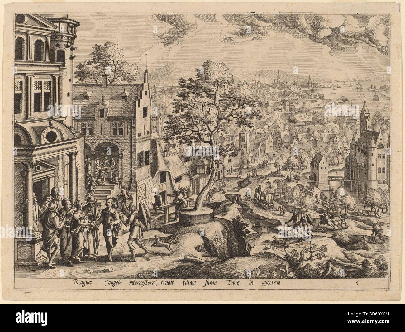 Une illustration de Gérard de Jode d'après Hans bol représentant Tobias arrivant à la maison de Raguel, montrant des figures, une maison, des vêtements, des gestes, et symbolisme religieux narratif. Banque D'Images