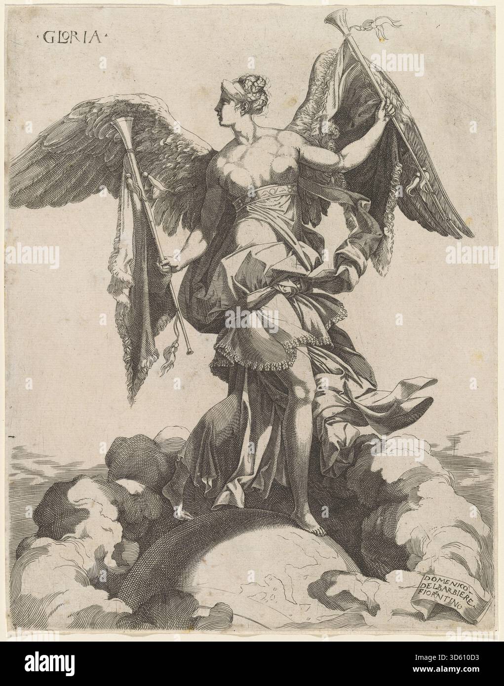 Une peinture de 1540–1545 de Domenico del Barbiere d'après Rosso Fiorentino représentant Gloria, montrant des figures divines ou allégoriques, des draperies coulantes, des gestes, de la lumière céleste, des nuages, et la hiérarchie de composition. Banque D'Images