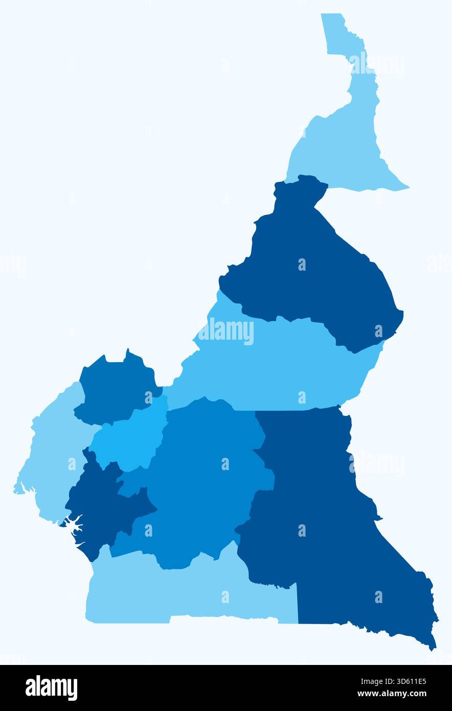 Carte du Cameroun avec les régions. Une carte de frontière de pays simple avec division de région. Palette de couleurs bleu clair. Illustration de Vecteur