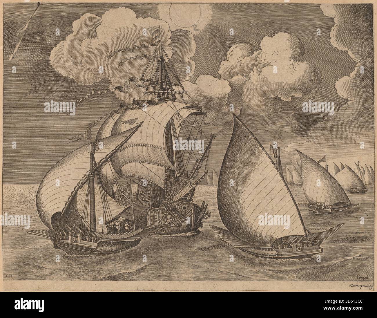 Gravure de 1565 de Frans Huys d'après Pieter Bruegel l'ancien représentant une flotte de galères escortées par une caravelle. L’œuvre met l’accent sur les voiles, les mâts, la formation et les détails navals des navires, reflétant l’activité maritime et l’architecture navale du XVIe siècle. Banque D'Images