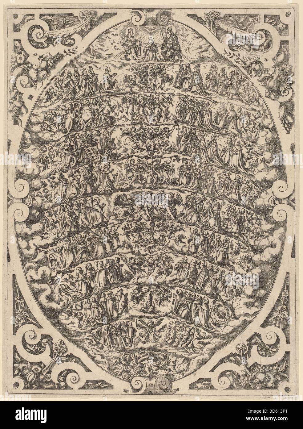Cette gravure de 1579 de Jost Amman représente la hiérarchie des cieux, montrant des anges, des sphères célestes, des arrangements planétaires et des figures symboliques dans la gravure européenne du XVIe siècle. Banque D'Images