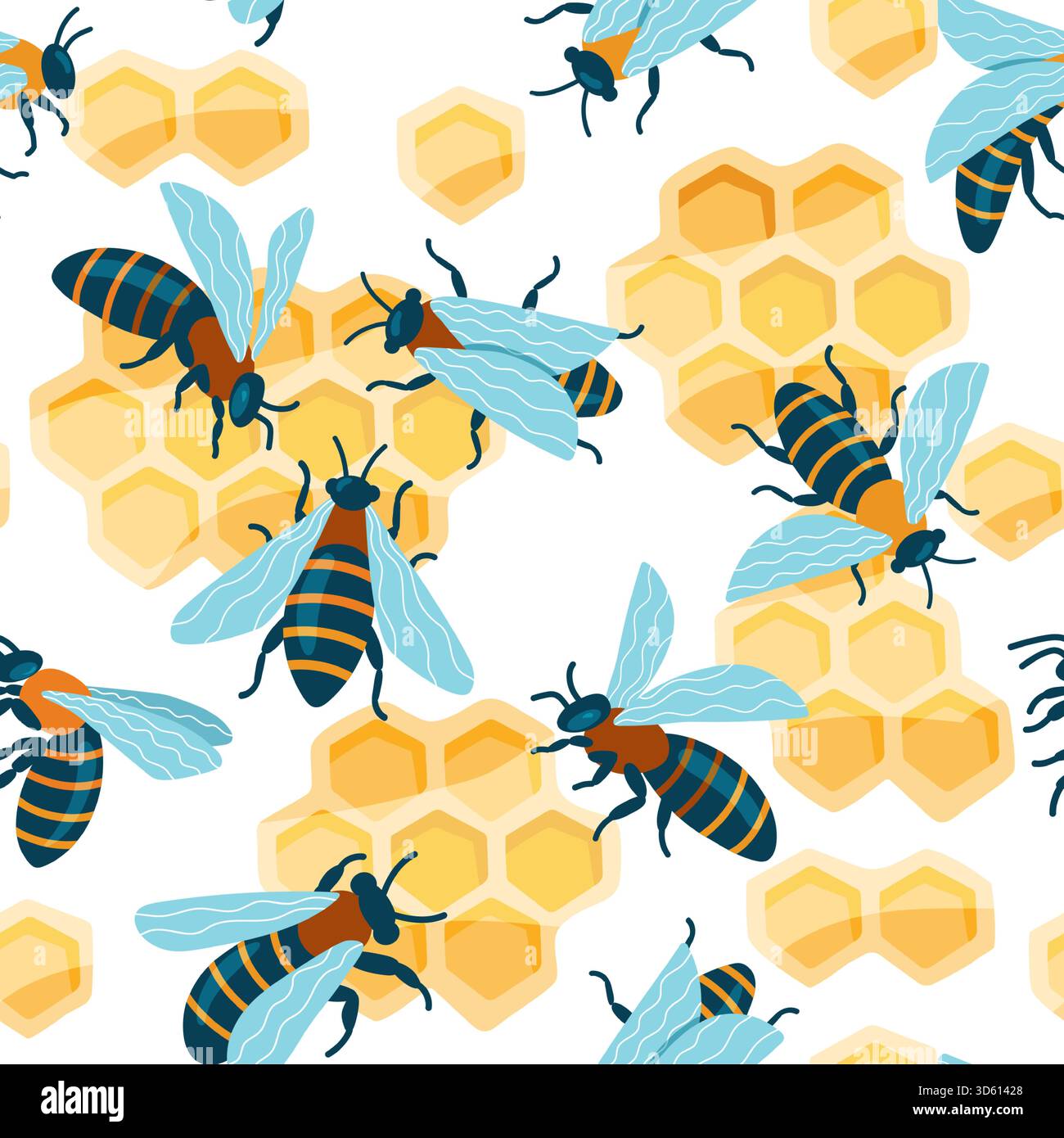 Motif d'abeille de dessin animé. Impression sans couture d'insecte bourdon mignon sur fond nid d'abeille, papier peint hexagonal abstrait pour textile de tissu d'enfants. Vecteur textu Illustration de Vecteur