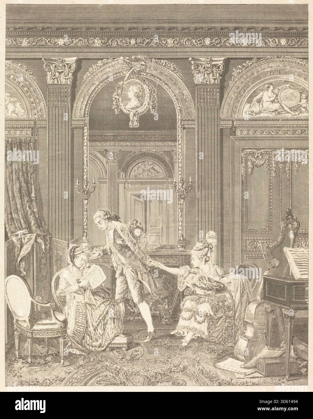 Imprimé par Nicolas Delaunay d'après Nicolas Lavreince, 'le billet doux', 1778. Représente des figures échangeant une lettre d'amour, des gestes, des expressions faciales, des draperies, des meubles d'intérieur, et des motifs décoratifs, reflétant le genre romantique français du XVIIIe siècle et les conventions de gravure. Banque D'Images