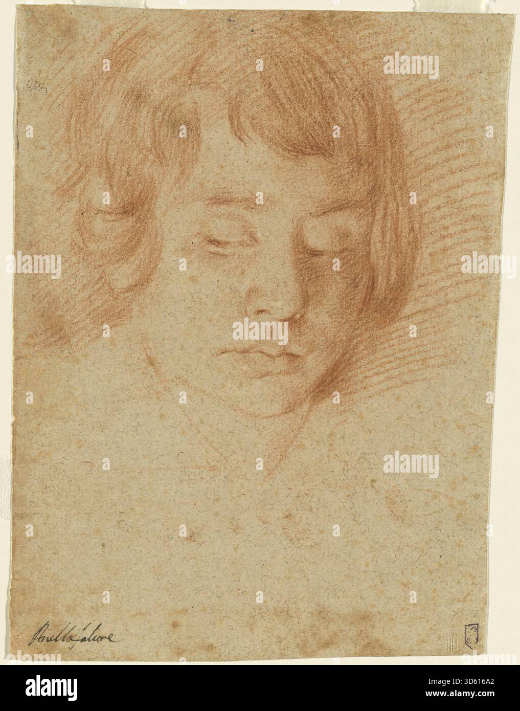 Peinture de 1635 à 1640 d'Aniello Falcone représentant la tête d'un garçon, montrant les traits du visage, les cheveux, l'expression et l'utilisation de la lumière et de l'ombre typiques des portraits du XVIIe siècle. Banque D'Images