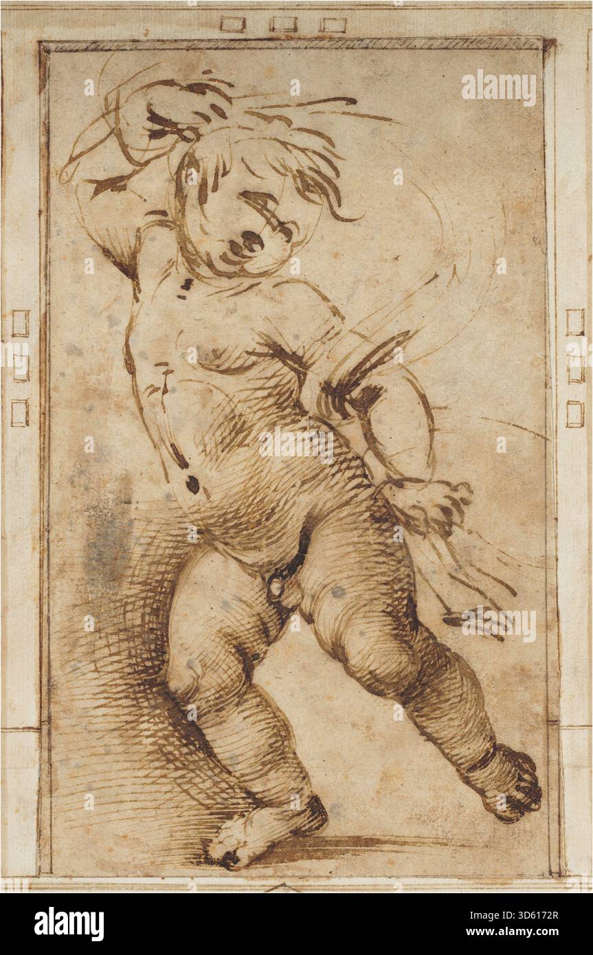 Œuvre d'art de Filippino Lippi (c. 1493–1497) montrant un putto dansant tenant des draperies, illustrant des motifs chérubiens de la Renaissance et un design décoratif. Banque D'Images