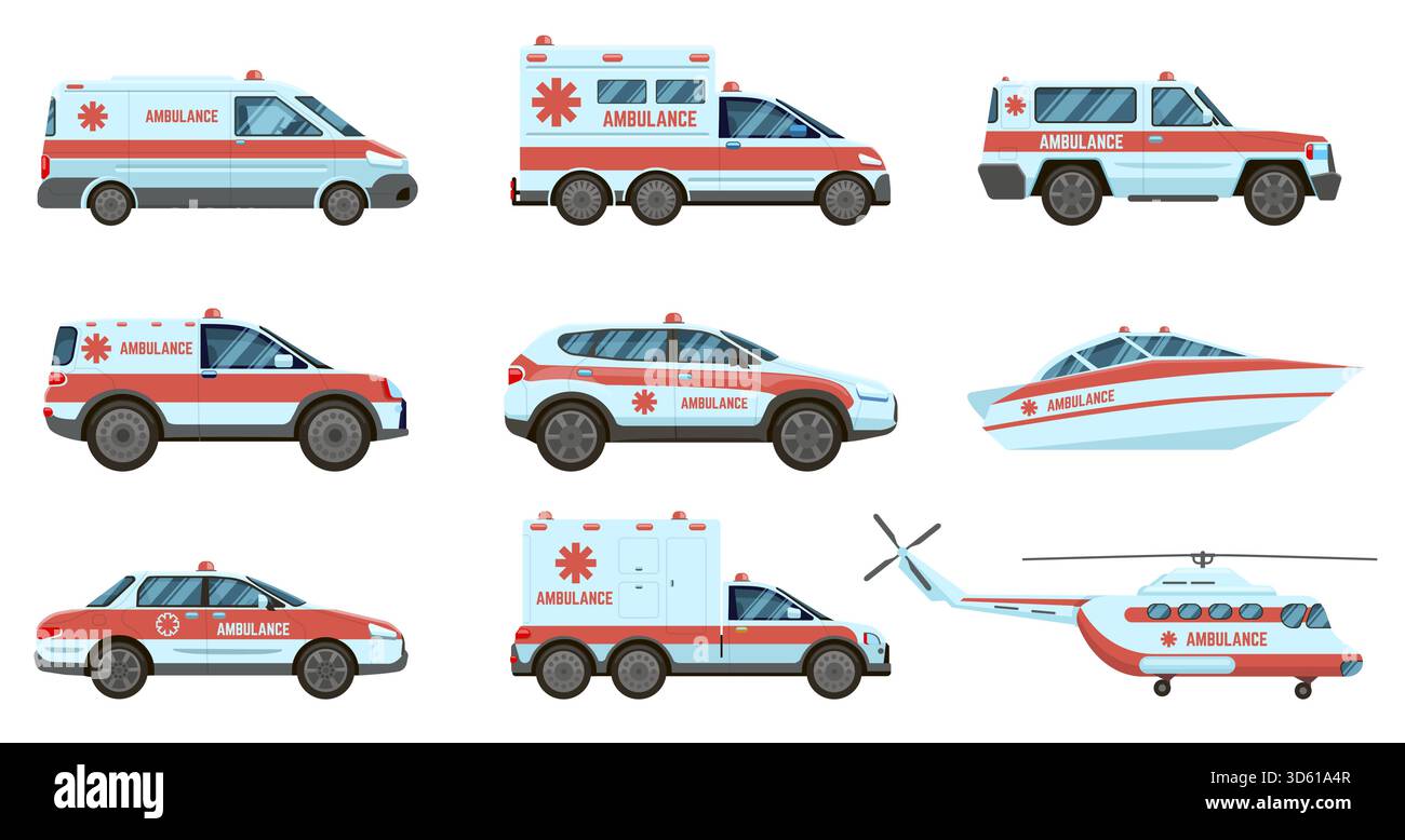 Ambulance des véhicules d'urgence. Voitures d'ambulance officielles de la ville, hélicoptère et bateau. Ensemble d'illustration vectorielle de voitures de service d'urgence de ville. Voiture d'ambulance wi Illustration de Vecteur