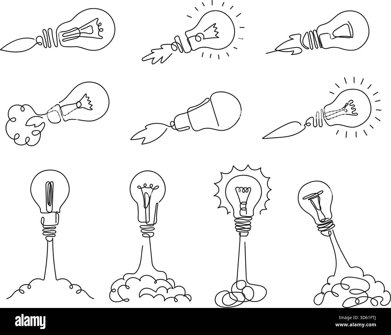 Fusée à lampe à ligne unique. Lancement d'idée, fusées à ampoule et commencer l'ensemble d'illustration vectorielle de concept d'idée intelligente. Démarrage d'un nouveau projet d'entreprise, innovation. Lumière Illustration de Vecteur