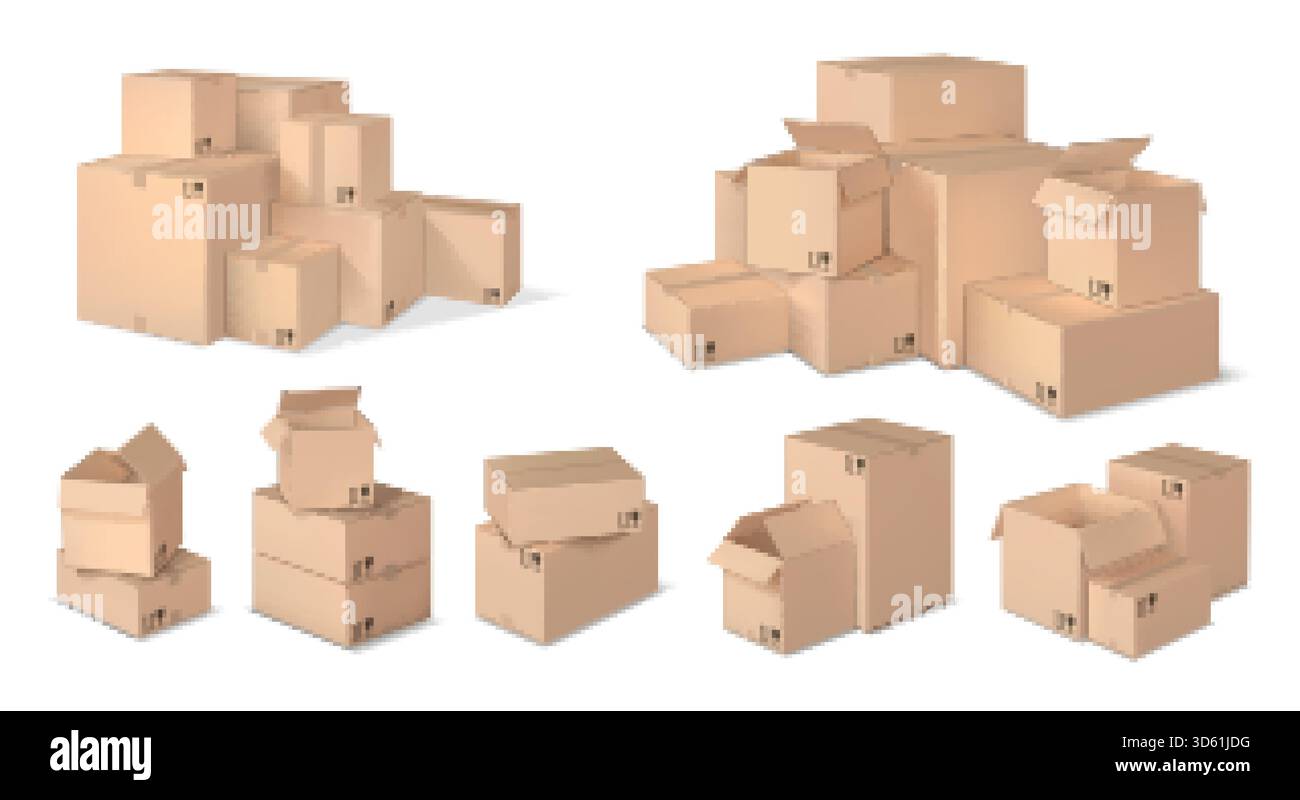 Pile de boîtes réaliste. Boîtes en carton empilées, pile de colis et jeu réaliste de carton vecteur de 3D boîtes, boîtes en carton empilées pour l'expédition de marchandises Illustration de Vecteur