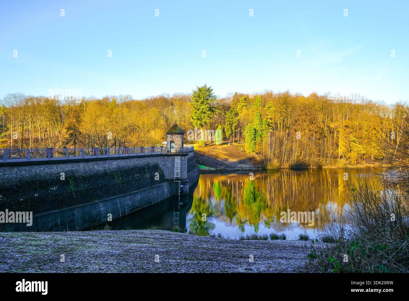 Vue sur le barrage de Ronsdorf et le paysage environnant en automne. Nature au lac près de Wuppertal. Barrage de Saalbach. Banque D'Images