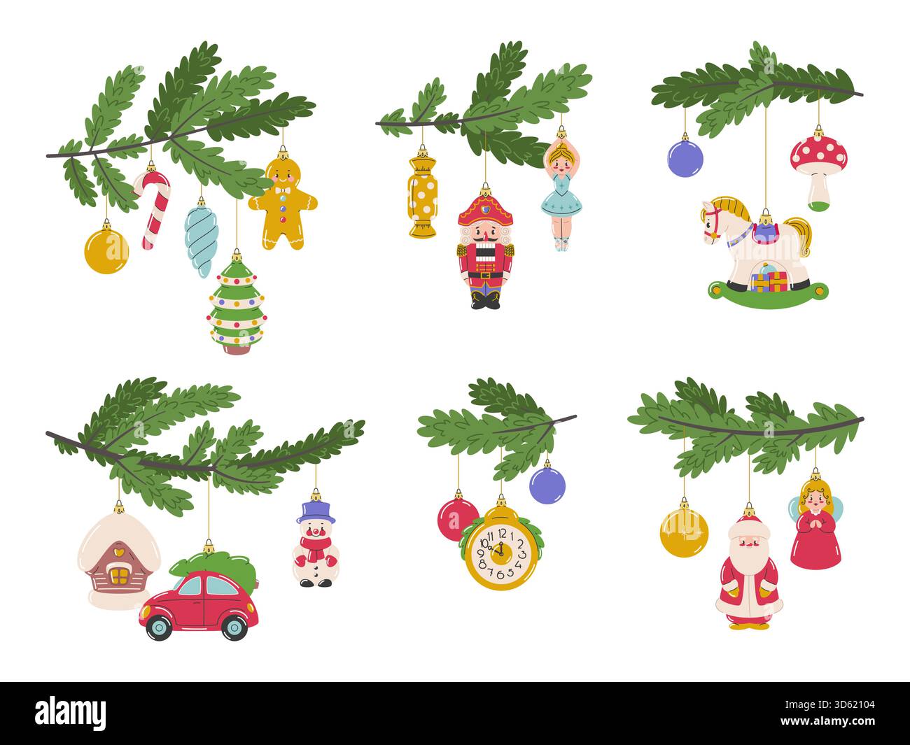 Branches d'arbre de noël de dessin animé avec des jouets. Décorations de vacances d'hiver vintage, casse-noix, ballerine, bonhomme de neige et boules suspendues décor, saison des fêtes Illustration de Vecteur