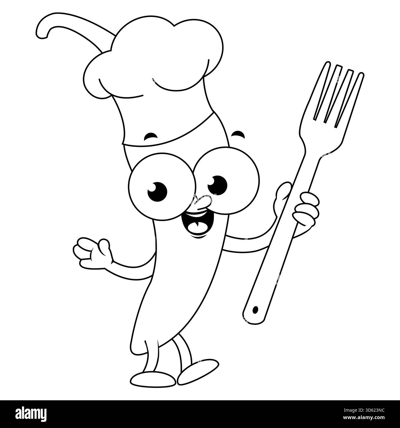 Chef de piment de dessin animé tenant une fourchette de cuisson. Légumes épicés, une mascotte de cuisinier au poivre jalapeno. Coloriage noir et blanc. Banque D'Images