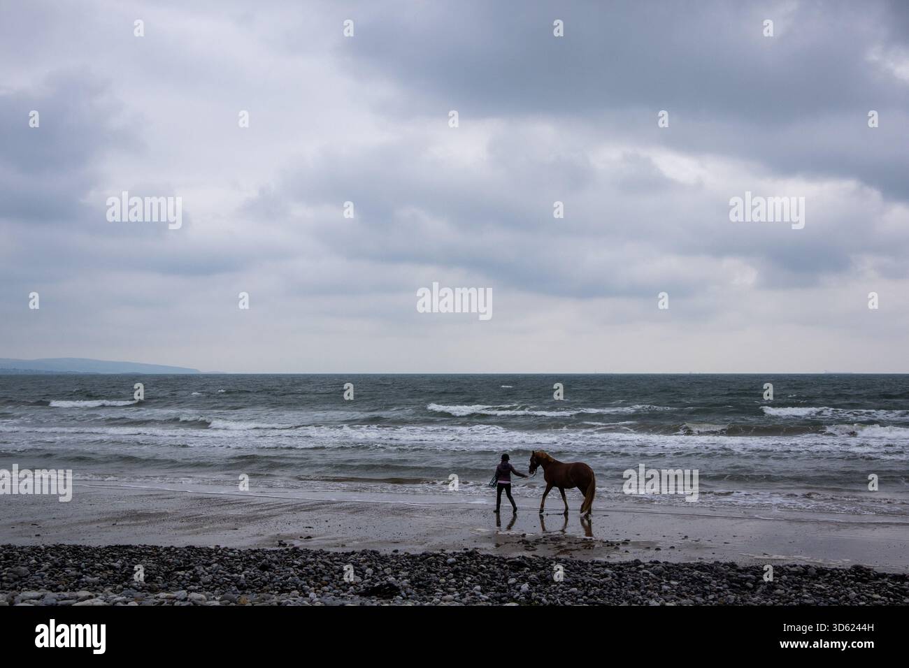 Personne marchant un cheval sur une plage venteuse sous de lourds nuages Banque D'Images