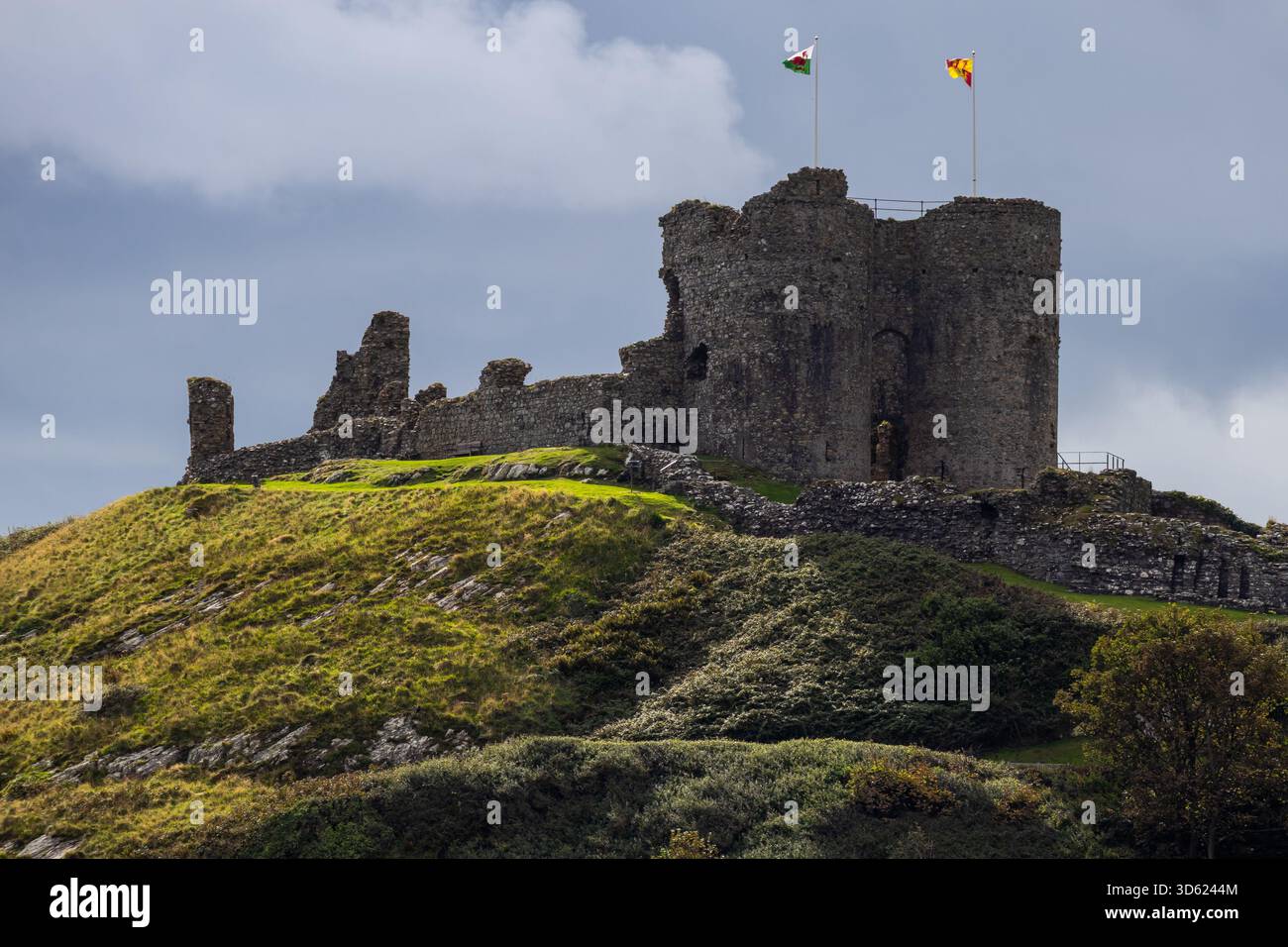 Ruines du château de Criccieth sur une colline herbeuse sous un ciel nuageux à la lumière du soleil Banque D'Images
