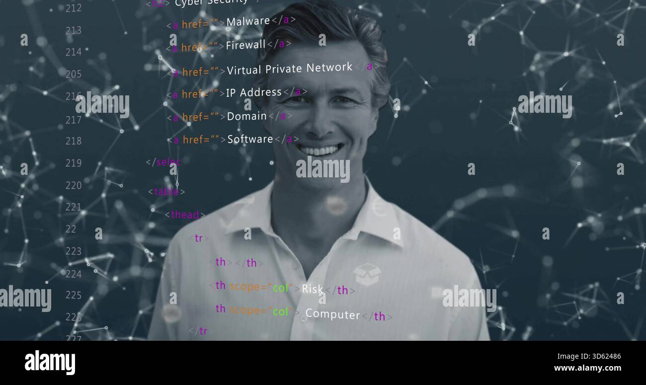 Souriant Tech pro portant une chemise à col blanc avec logo en studio, montrant la superposition de code et les nœuds Banque D'Images